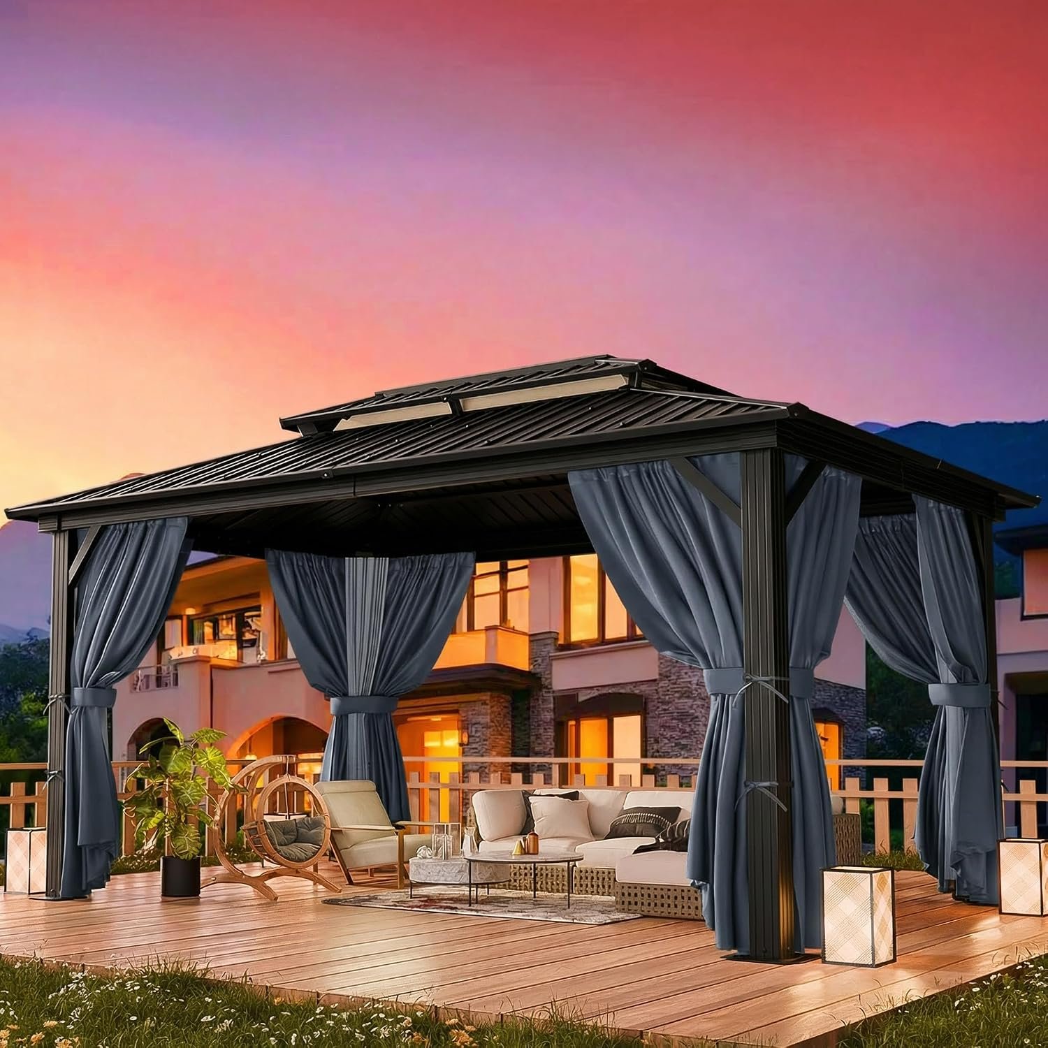 HOTEEL 10×12 Hardtop Gazebo on Clearance with Heavy Duty Galvanized Steel Double Metal roof,Aluminum Frame,Patio Hard Top Screened in Gazebo with Curtains,Outdoor Permanent Pavillon for Backyard,Gray