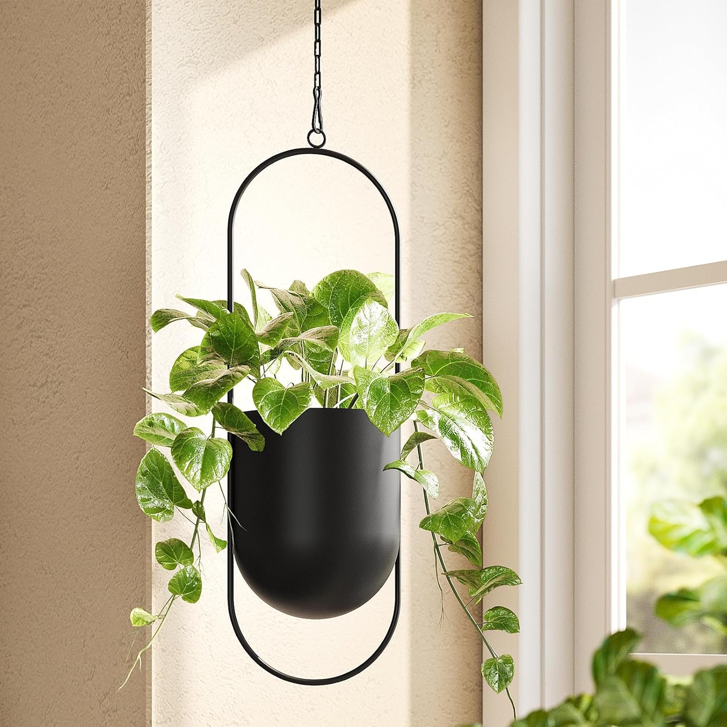 Bamworld Black Hanging Planters for Indoor Outdoor Plants Metal Hanging Pot | 5.5 Inch Modern Hanging Baskets, Window Plant Hanger, Ceiling Hanging Flower Pots with Chain for Wall Decor, Oval