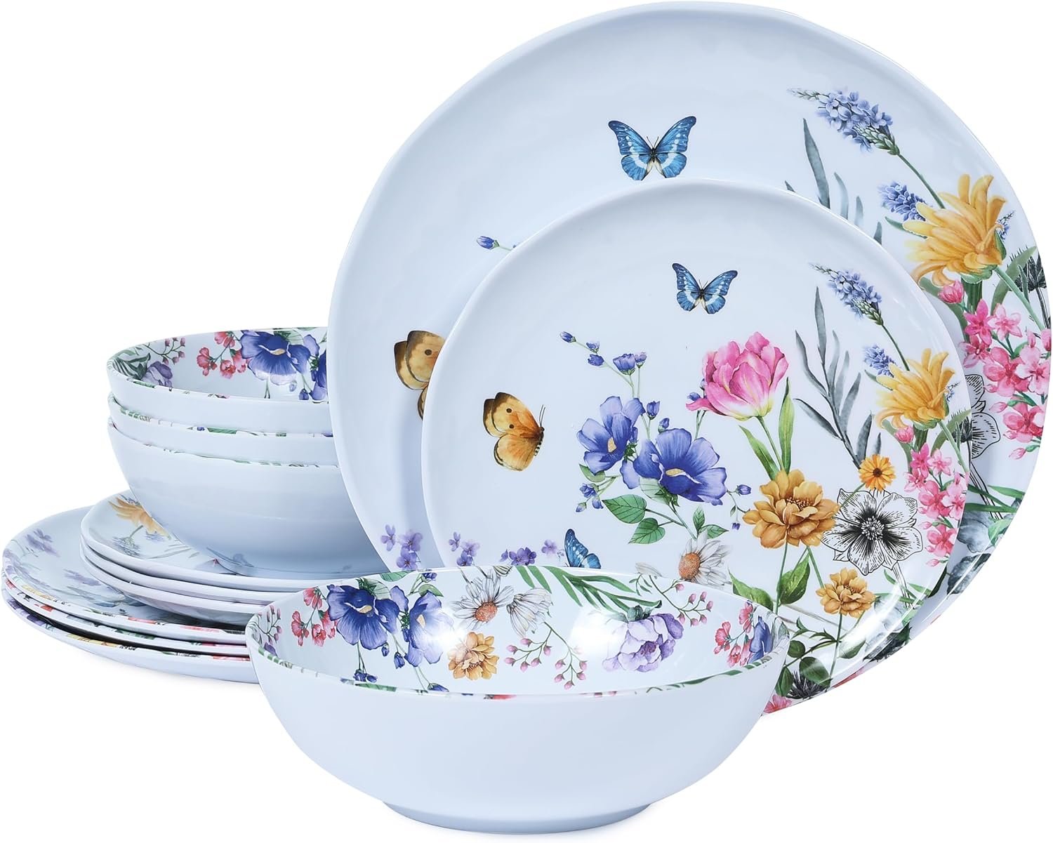12 Piece Melamine Dinnerware Sets – Plates And Bowls Sets Floral | Dinnerware Sets- Spring Camping Dishs Indoor Outdoor Use,Flowers And Butterflies Pattern Tableware Lightweight Service for 4
