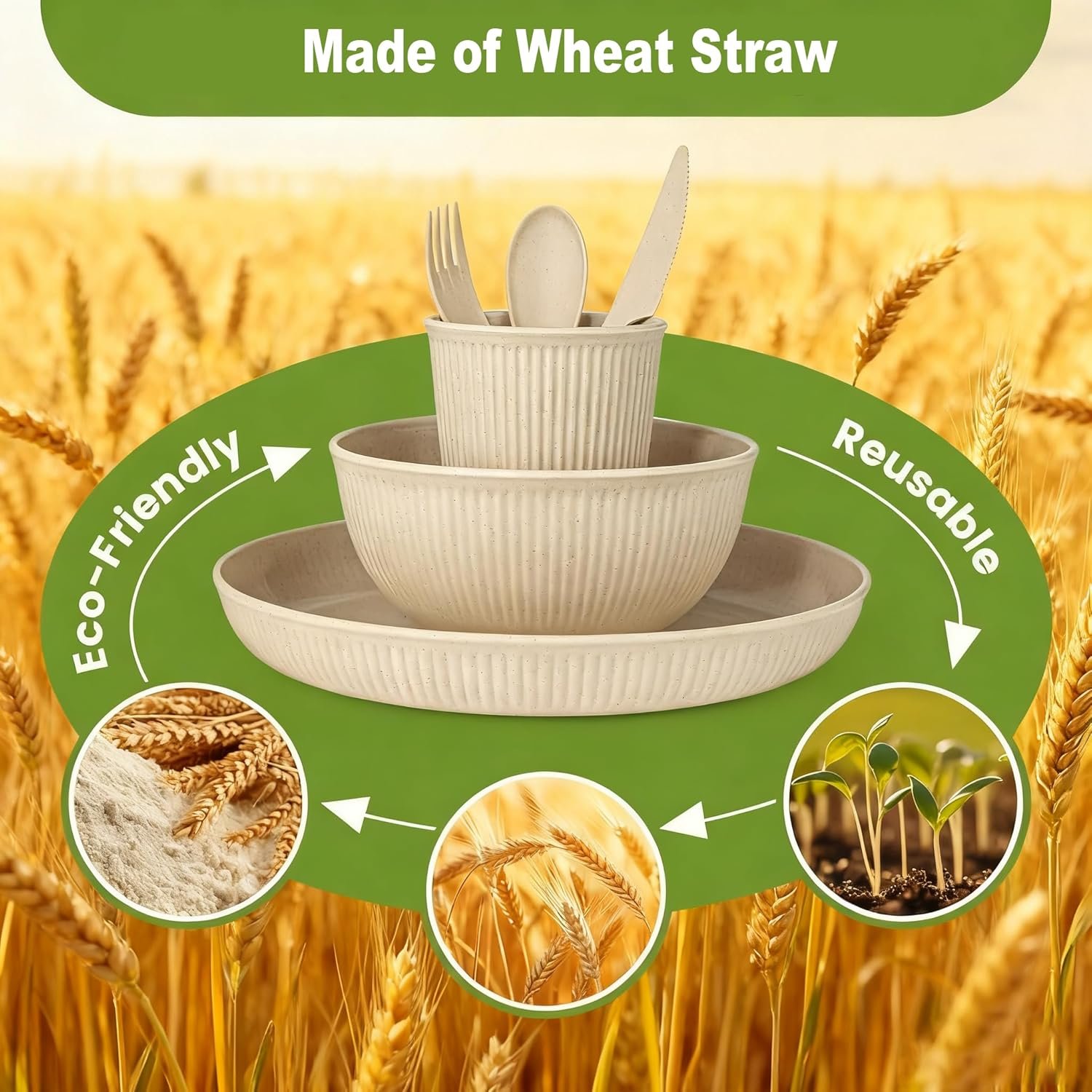 36-Piece Reusable Wheat Straw Dinnerware Sets for 6, Farielyn-X Unbreakable Reusable Set Kitchen Cups, Plates, Bowls Sets & Cultery Dishwasher Microwave Safe – Patio, Outdoors, RV, Camping Dishes