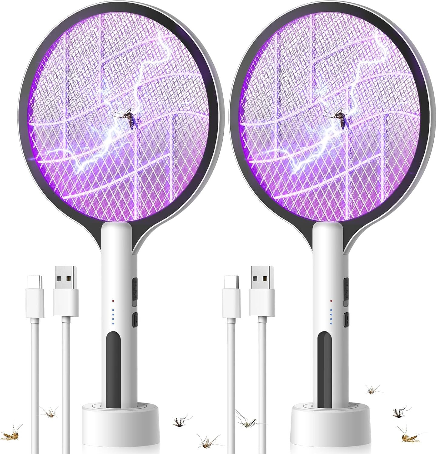 2PACK Electric Fly Swatter 4500V Bug Zapper Racket, 2 in 1 Handheld Fly Zapper & Purple Mosquito Killer Rechargeable and 3-Layer Safety for Indoor Home Office Backyard Patio Camping