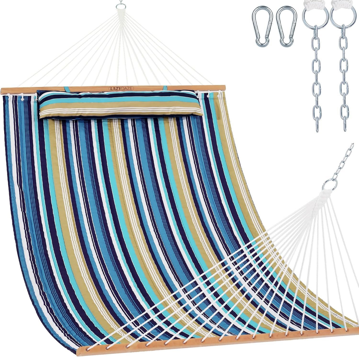 Lazy Daze Hammocks 12 FT Quilted Fabric Double Hammock with Spreader Bars, Detachable Pillow and Carabiners, 450lbs Weight Capacity, Beach Stripes