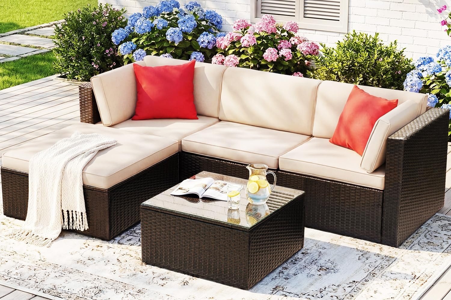 Devoko 5 Pieces Patio Furniture SetsOutdoor Sectional Patio Sofa | All Weather Manual Weaving Wicker Rattan Patio Seating Sofas with Cushion and Glass Table (Beige)