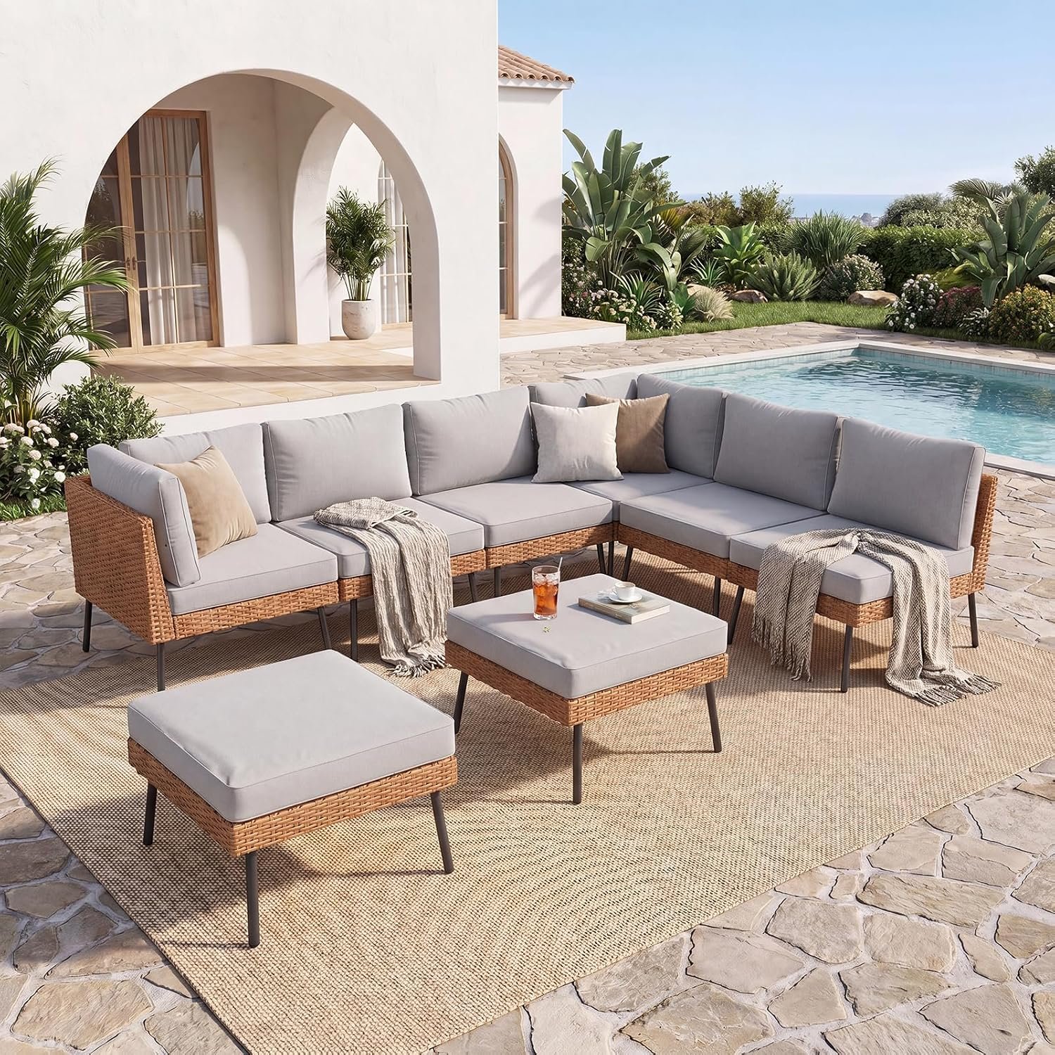 Aoxun 8 Piece Patio Furniture Set, 8 Seats Outdoor Sectional Sofas with Thick Cushion, Wicker Outdoor Patio Furniture Set with Ottomans for Party, Garden, Backyard, Grey