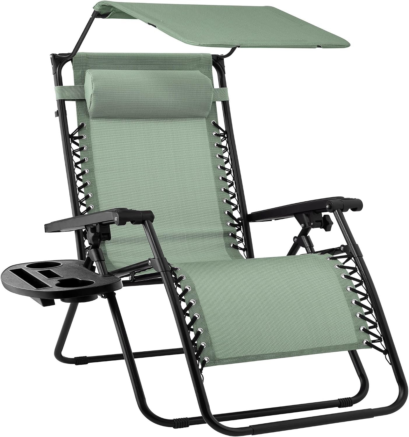 Best Choice Products Folding Zero Gravity Outdoor Recliner Patio Lounge Chair w/Adjustable Canopy Shade, Headrest, Side Accessory Tray, Textilene Mesh – Sage Green