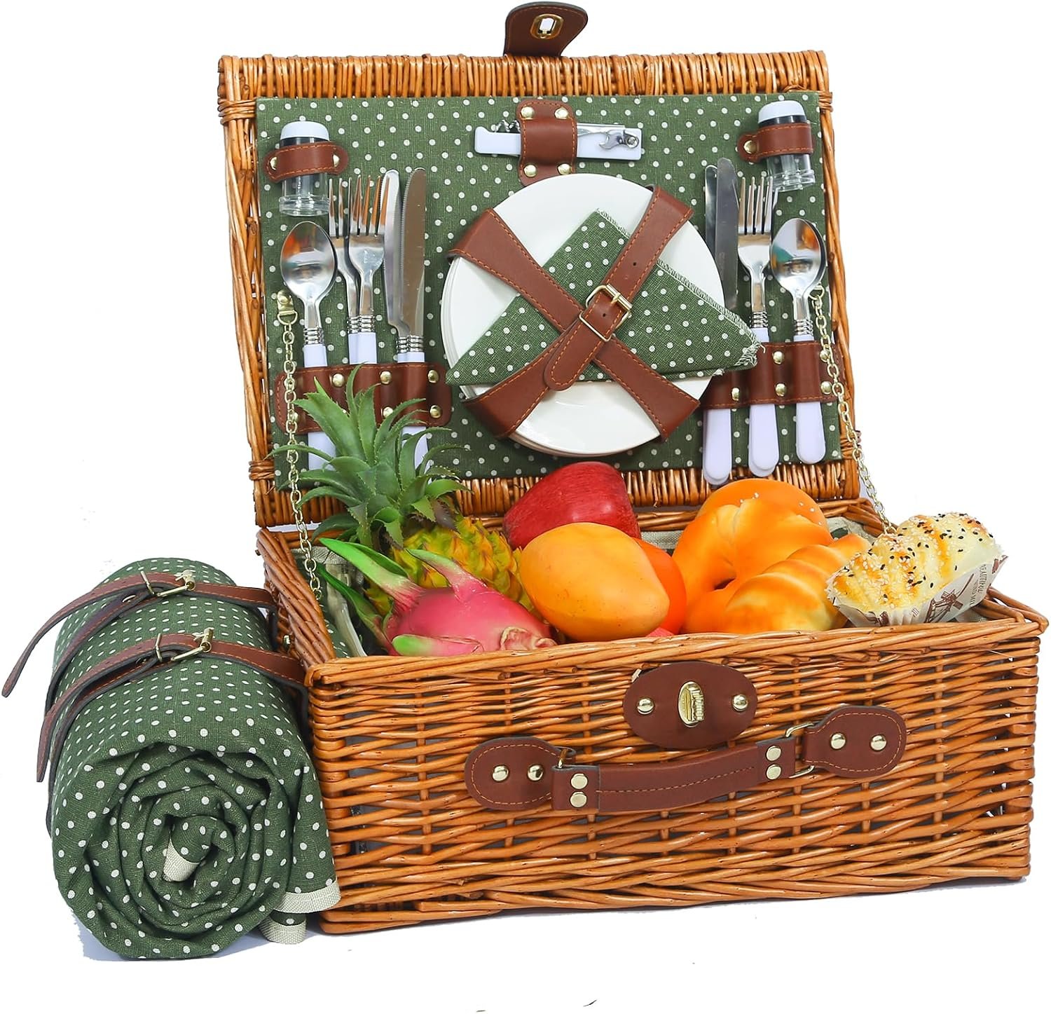 Wicker Picnic Basket for 4 with Blanket and Cooler, Green Spots | Handwoven willow hamper with service for 4, insulated food compartment and 53.5 x 60 in waterproof outdoor blanket