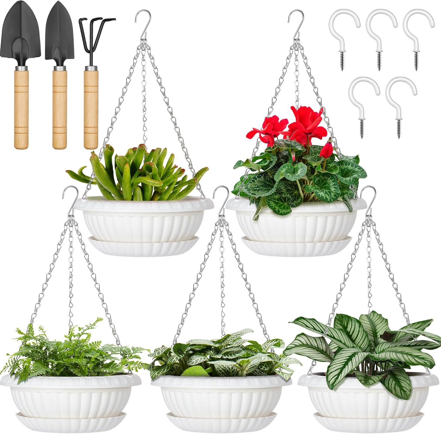 Hanging Planters, 5 Pcs 11″ Hanging Pots, White Hanging Flower Pots, Hanging Plant Pots Baskets for Plants with Drainage Trays, Hanging Chains and Ceiling Hooks, Come with Free Garden Tools Set