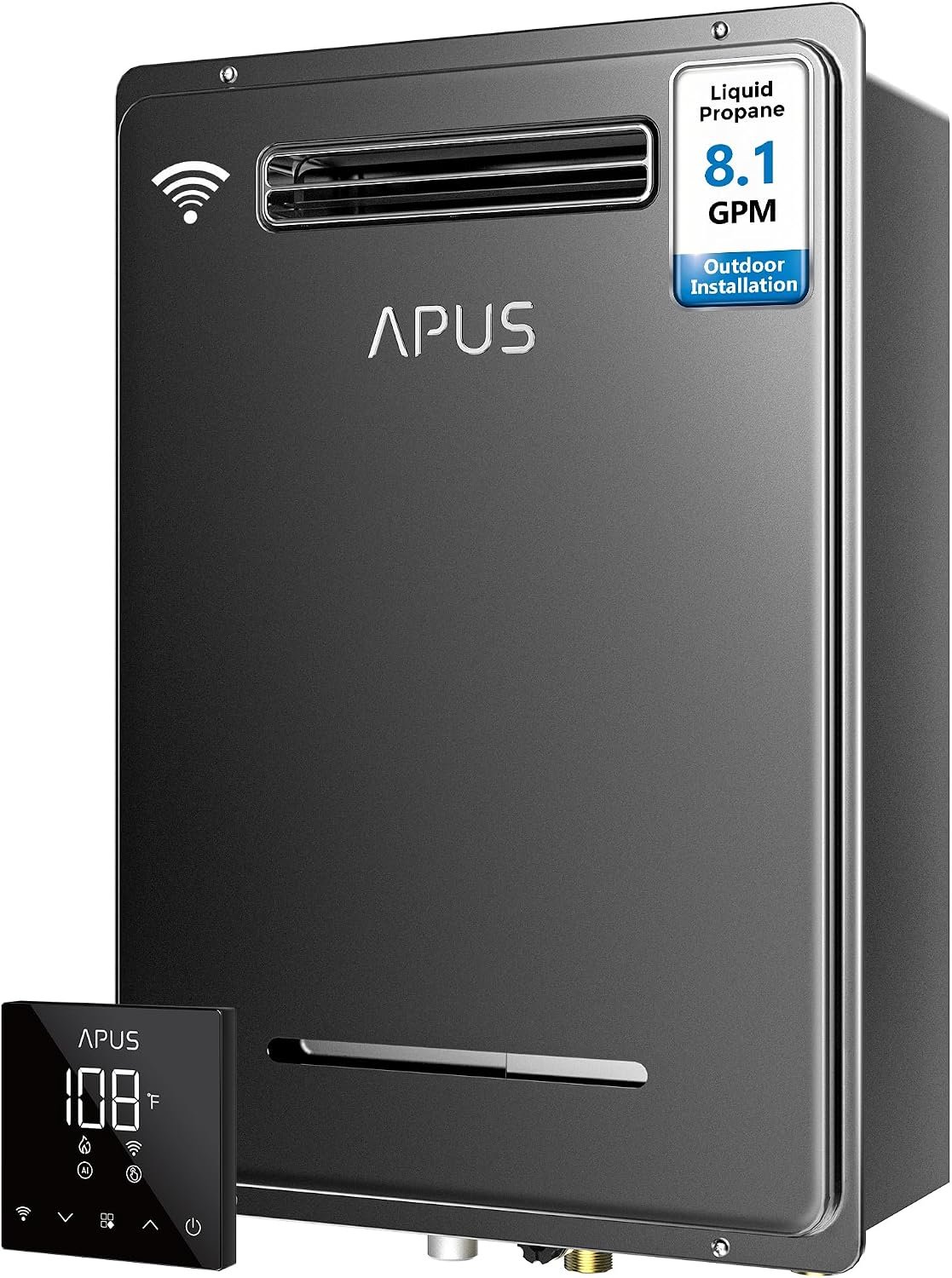 APUS 190,000 BTU Outdoor Tankless Water Heater, 8.1 GPM Propane Instant Hot Water Heater with WiFi & Remote Control, High Efficiency for Supports 5 Outlets