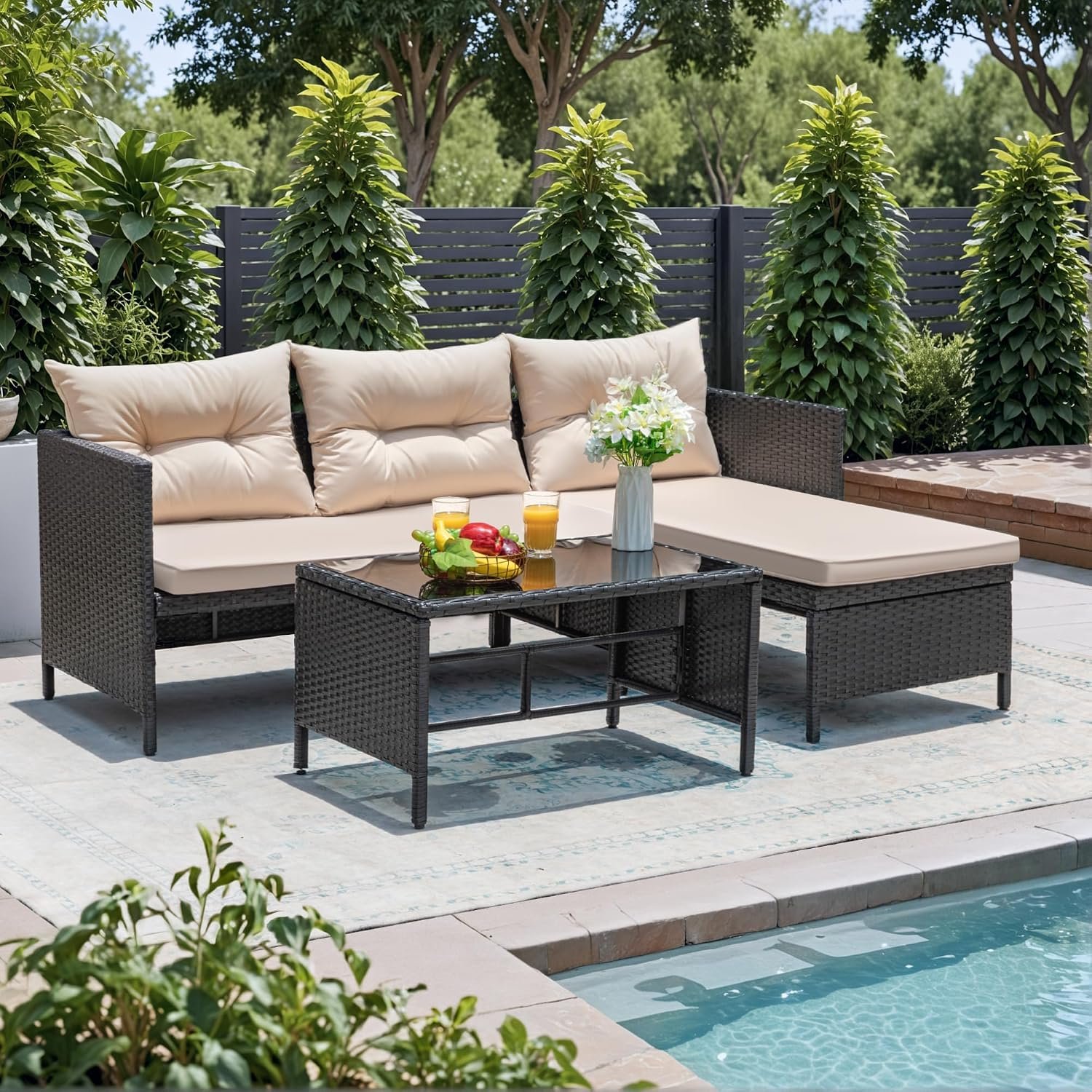 Greesum Patio Furniture Set 3 Piece Outdoor Wicker Sectional Sofa,Beige | With Cushions & Coffee Table for Yard, Garden, Porch, Poolside