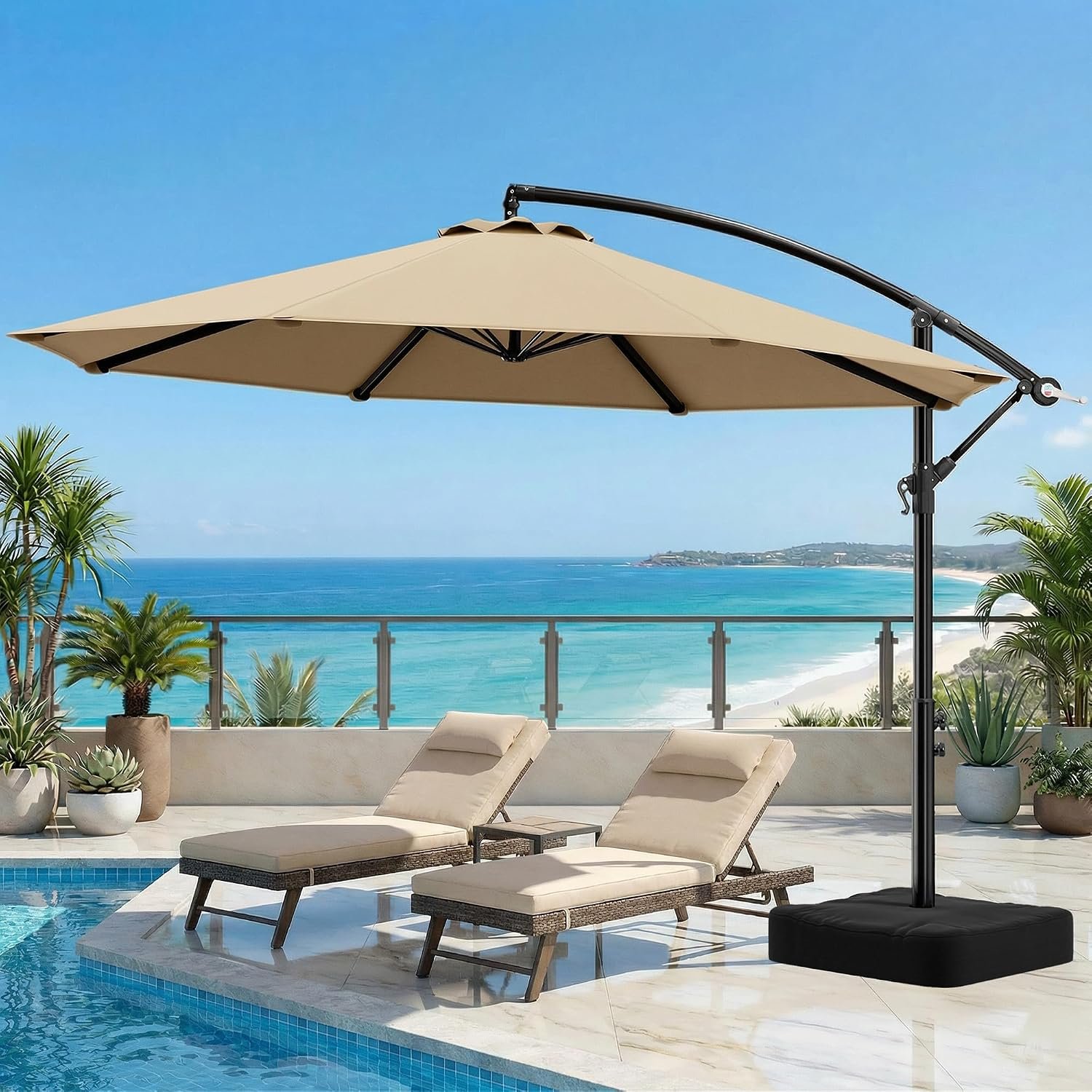 OLILAWN 10FT Patio Umbrella with Base, Cantilever Offset Outdoor Umbrella with 360° Rotation, Infinite Tilt, Yarn-Dyed Canopy for Patio, Poolside, Deck, Backyard, Wheat(NO LED LIGHTS)