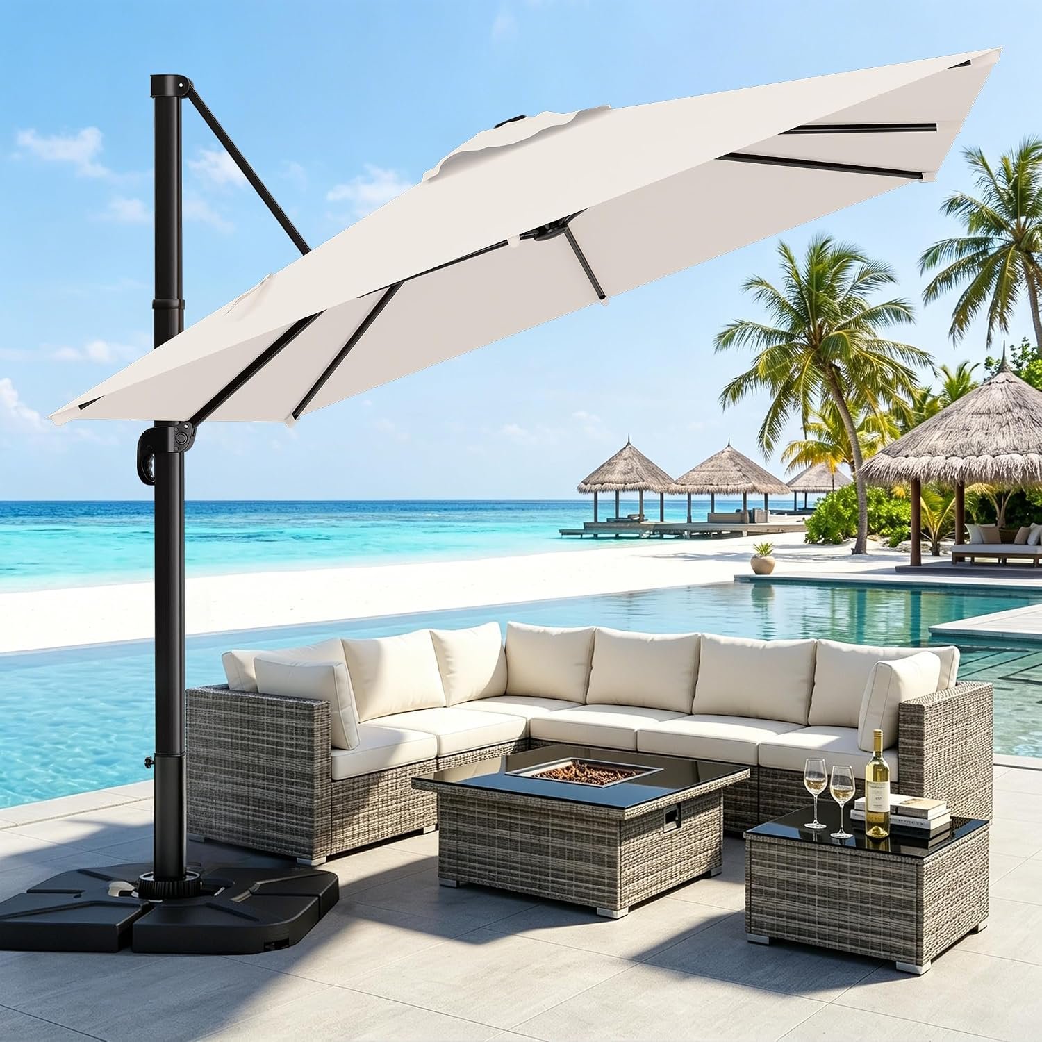 AreShark 9 X 12 FT Cantilever Patio Umbrella, 360-Degree Rotation Rectangular Offset Umbrella with Crank, Heavy Duty Patio Umbrella for Patio, Pool, Garden, Deck, Cream White (Base Not Include)