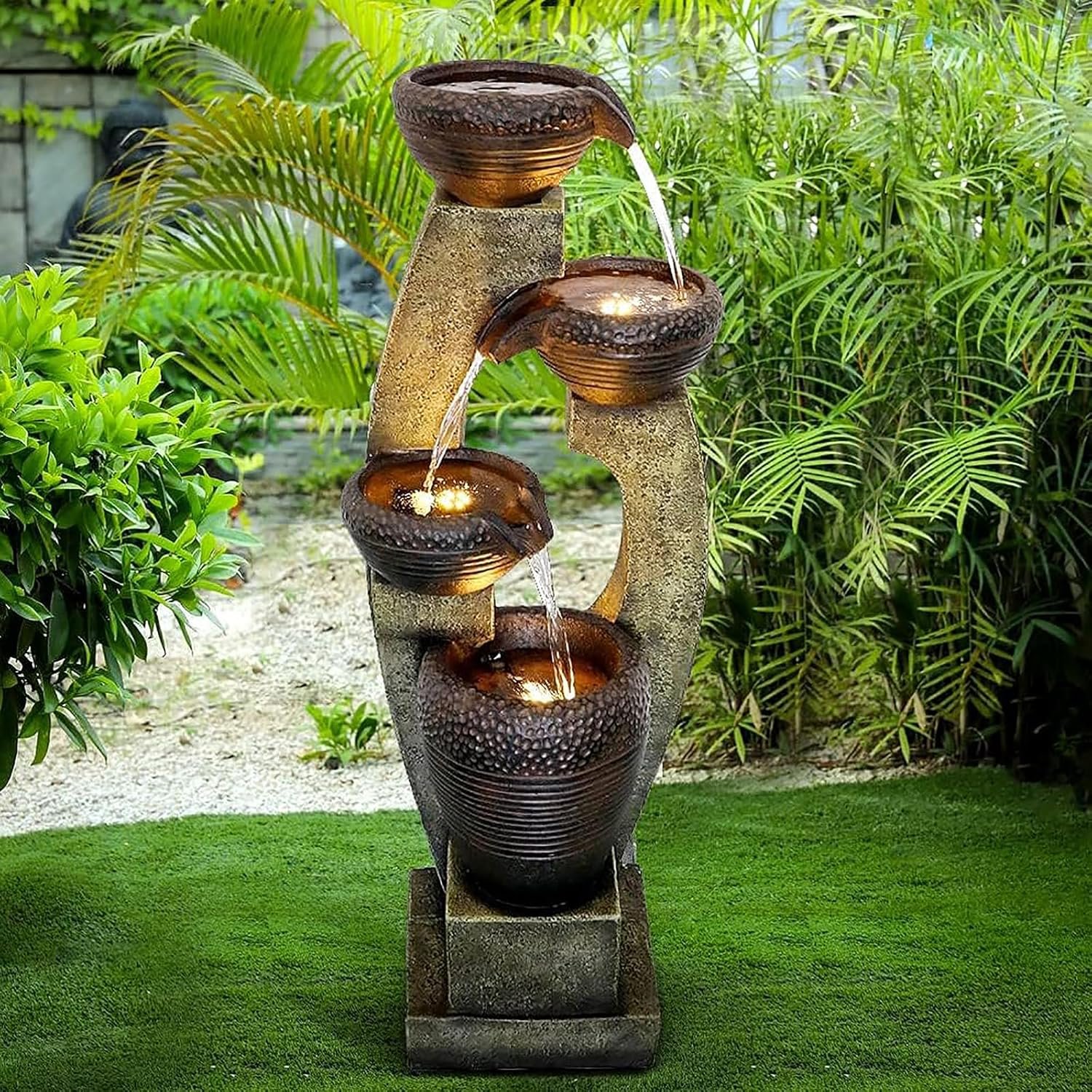 Naturefalls 40″ Tall Outdoor Water Fountain and Waterfalls – Large Garden Fountain with LED Lights, 4-Tier Crocks, Indoor and Outdoor Fountains for Garden, Patio, Deck, Porch, Backyard and Home, Gray