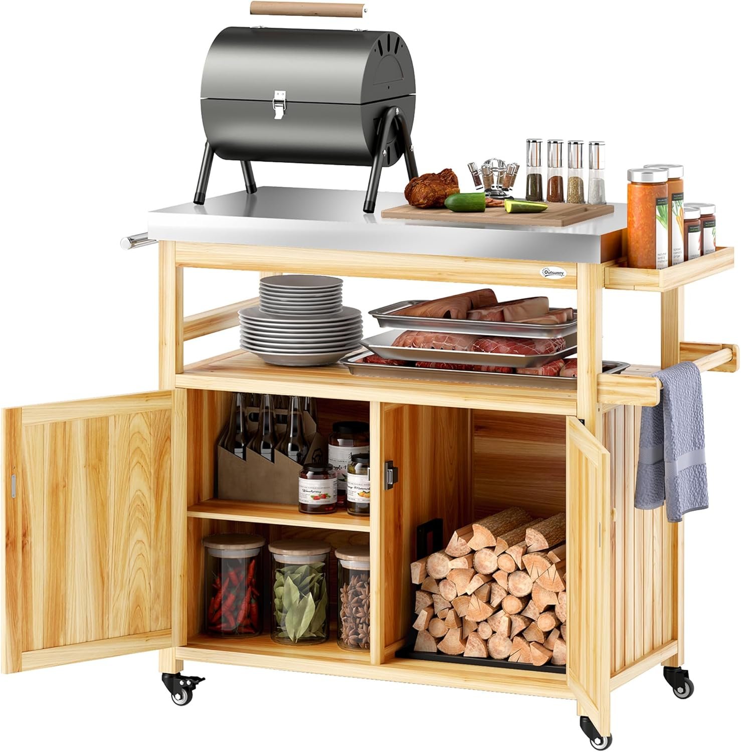 Outsunny Outdoor Grill Cart with Wheels and Storage Natural Wood | Solid Wood Outdoor Kitchen Island, Stainless Steel Top, Movable Bar Cart, Spice Rack, Side Handle, Integrated Hole for BBQ
