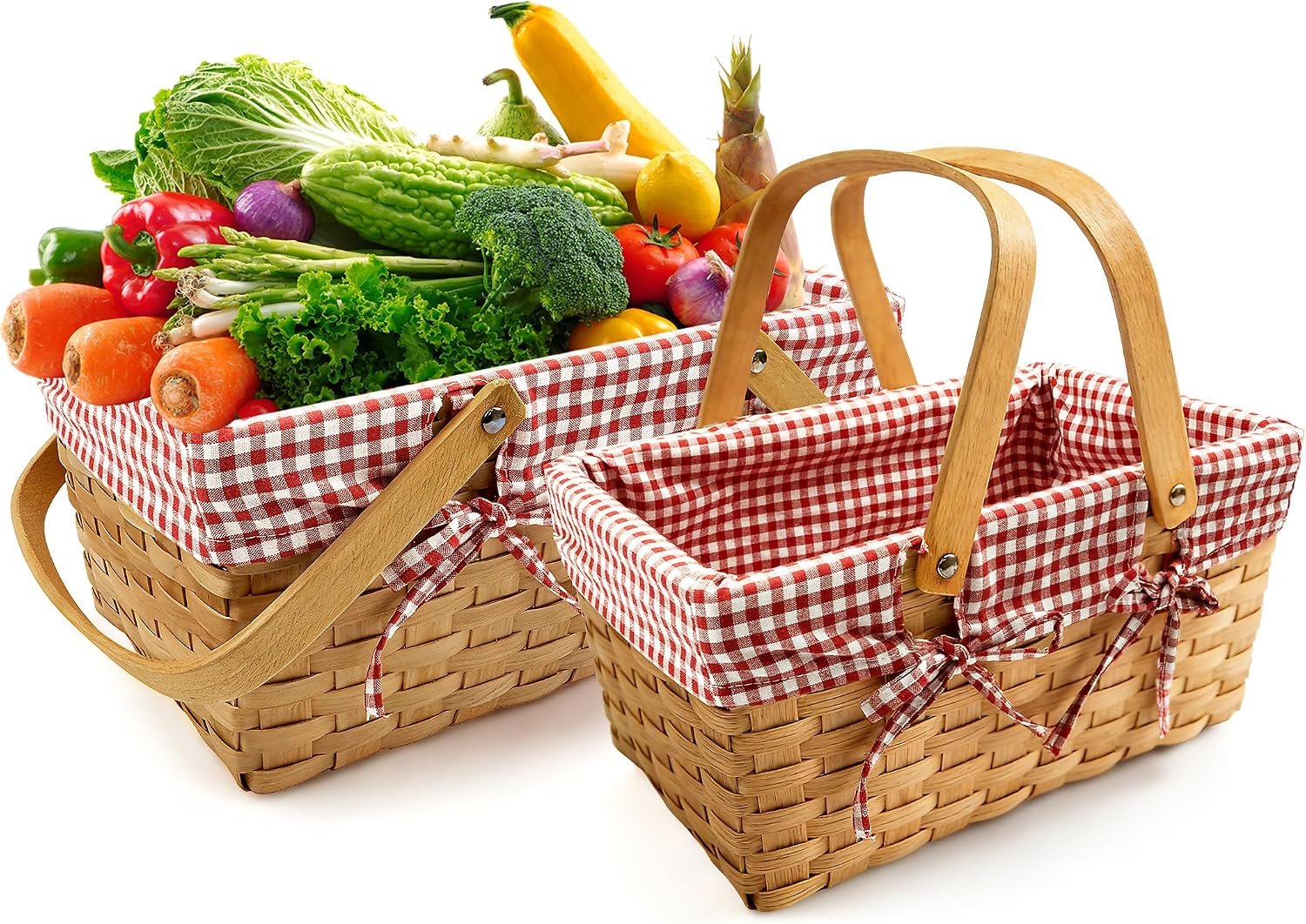 2 Sizes Picnic Basket, 16 in Woodchip Basket with Double Folding Handles,Woven Basket with Removable Red and White Liner for Storage, Egg Gathering, Wedding, Camping, Outdoor