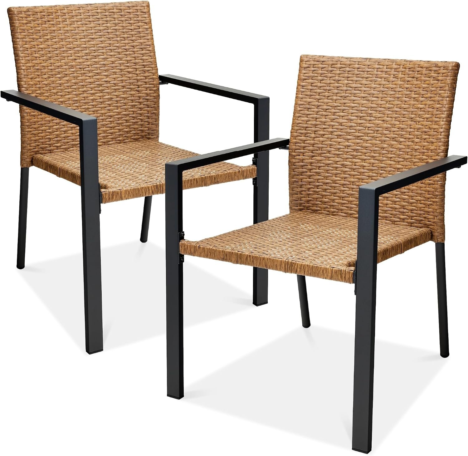 Best Choice Products Set of 2 Stackable Outdoor Wicker Dining Chairs All-Weather Firepit Armchair w/Armrests, Steel Frame for Patio, Deck, Garden, Yard – Natural