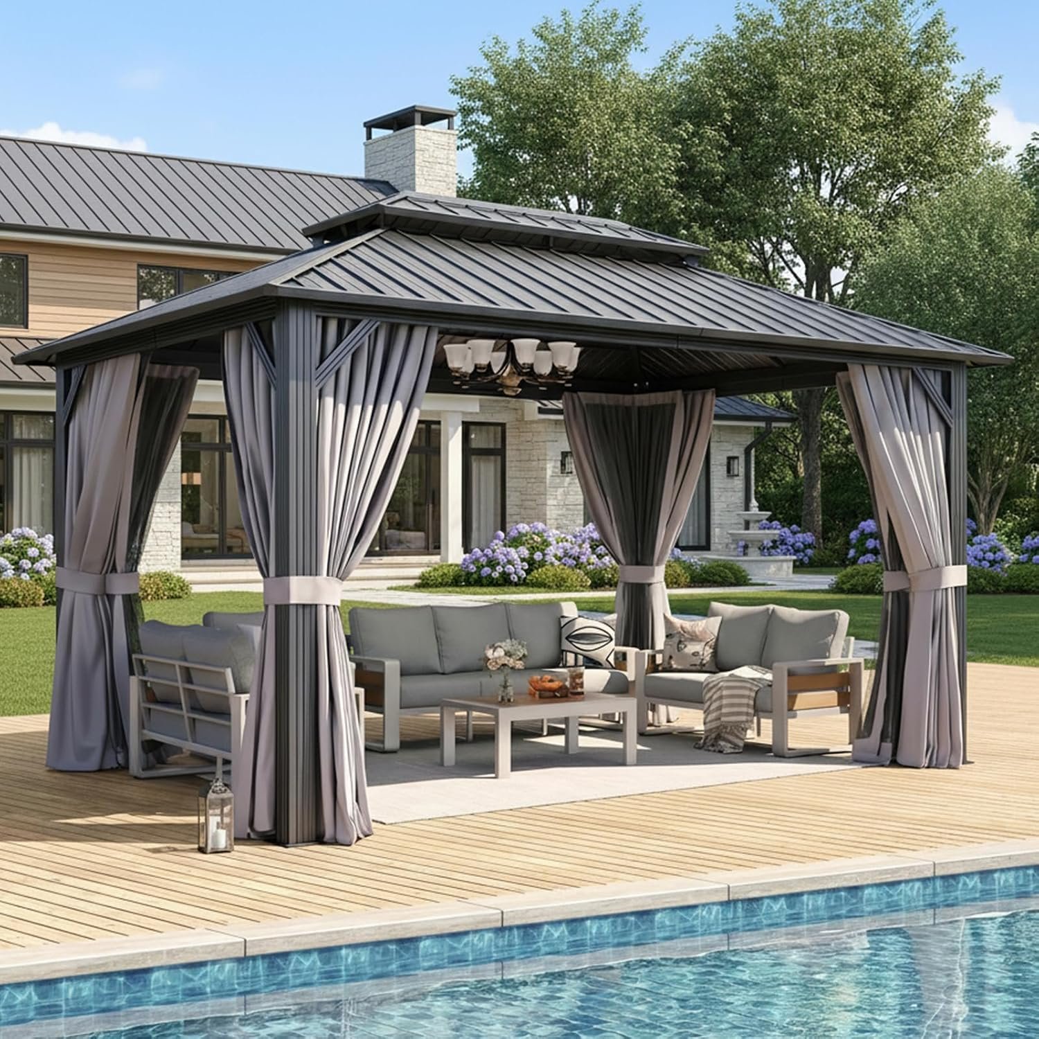 Aoxun 10’x14′ Hardtop Gazebo, Metal Frame Canopy with Double Galvanized Steel Roof, Outdoor Metal Pavilion with Netting, Curtains for Backyard, Patio and Deck