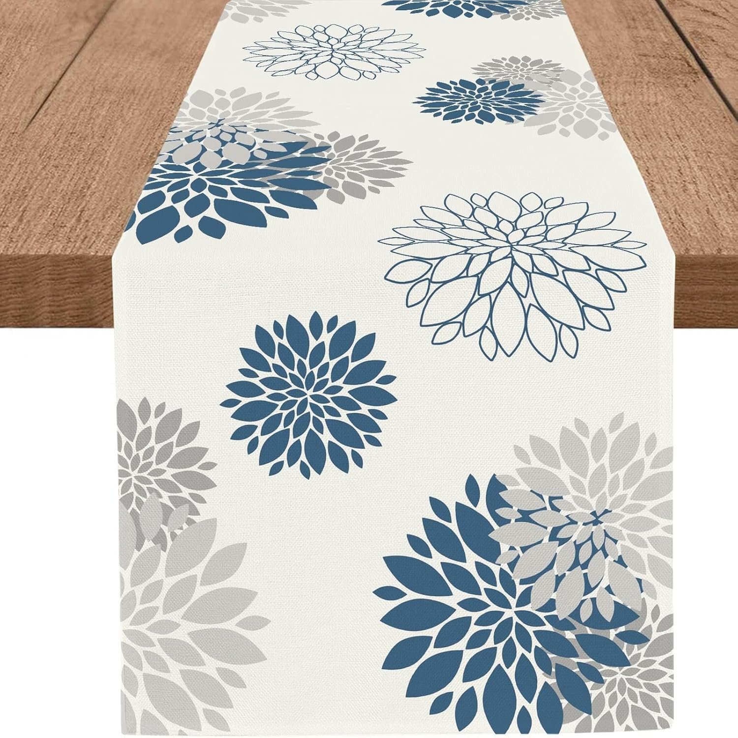 Blue Gray Table Runner Dahlia Pinnata Flower Beige Table Runners Modern Elegant Pompon Farmhouse Geometric Table Center Decor for Home Dining Party Entrance (13 x 36 Inch)