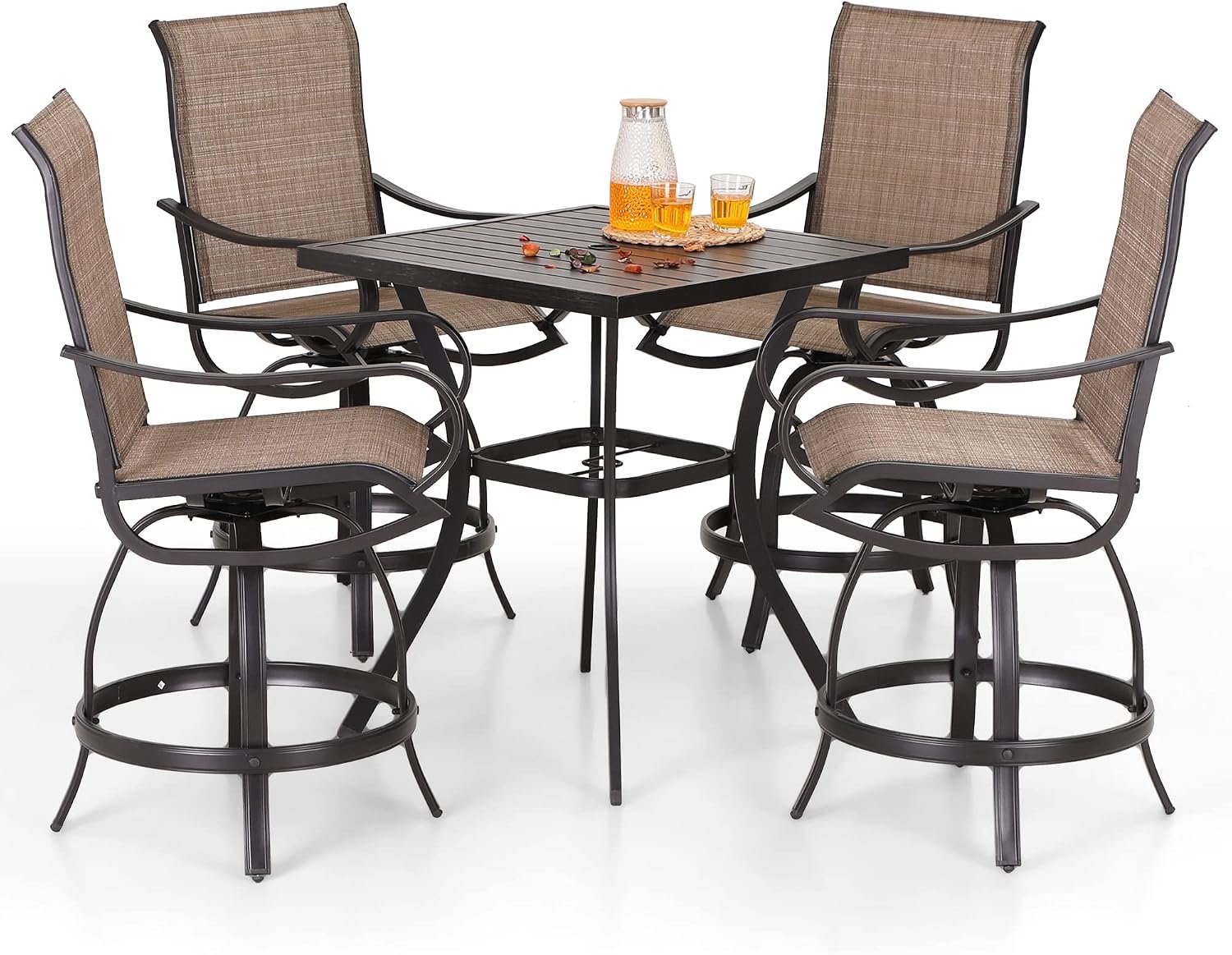 PHI VILLA 5 Pieces Outdoor Bar Set,Patio Furniture | Counter Height Bistro Table(Umbrella Hole) & 4 Swivel Stools Chairs(All Weather Textilene Fabric) for Garden,Yard,Poolside