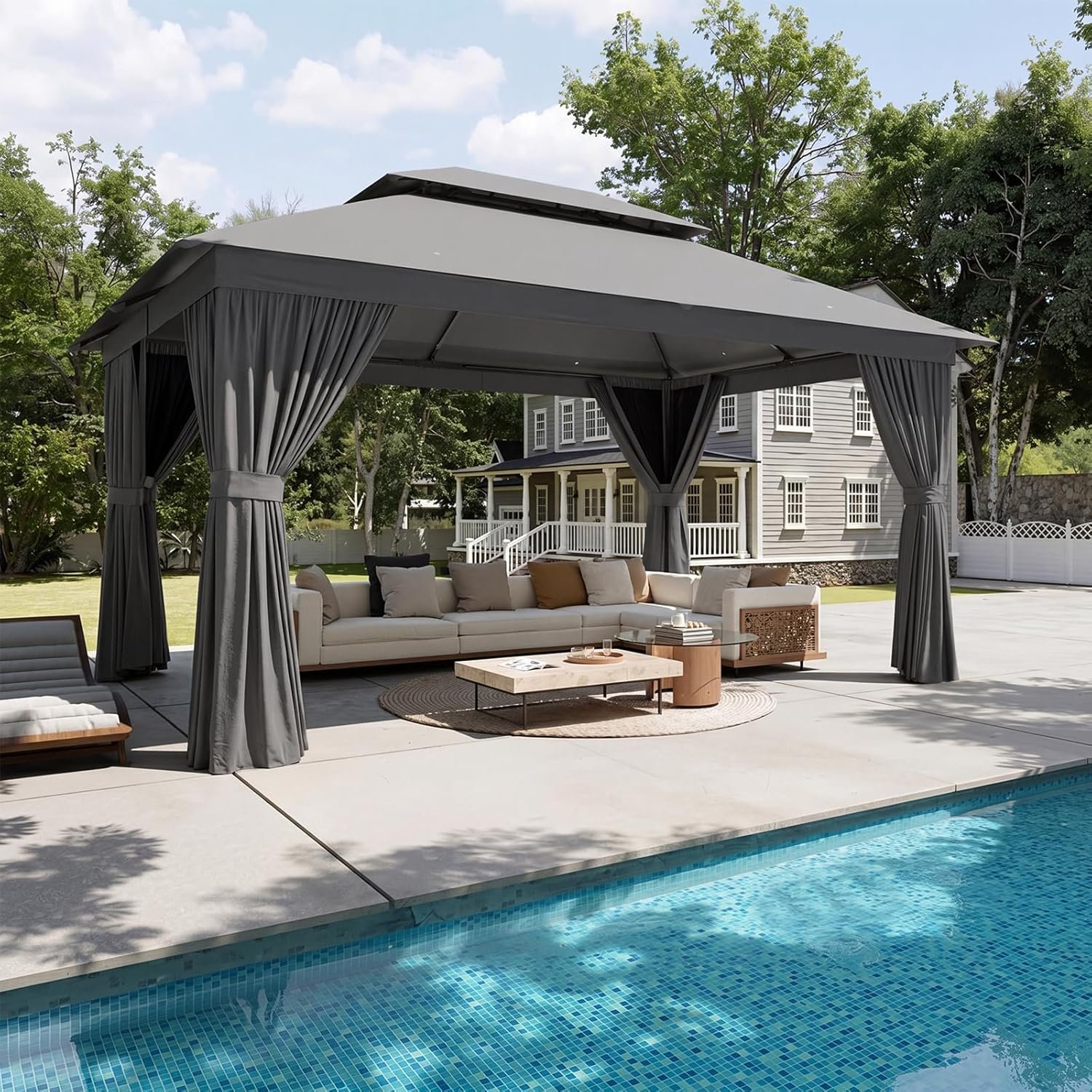 Aoxun Outdoor Gazebo for Patio 10×12, Metal Frame Canopy with Double Roofs, Heavy Duty Party Tent and Shelter with Mosquito Netting and Privacy Screen for Backyard, Lawn, Garden, Deck