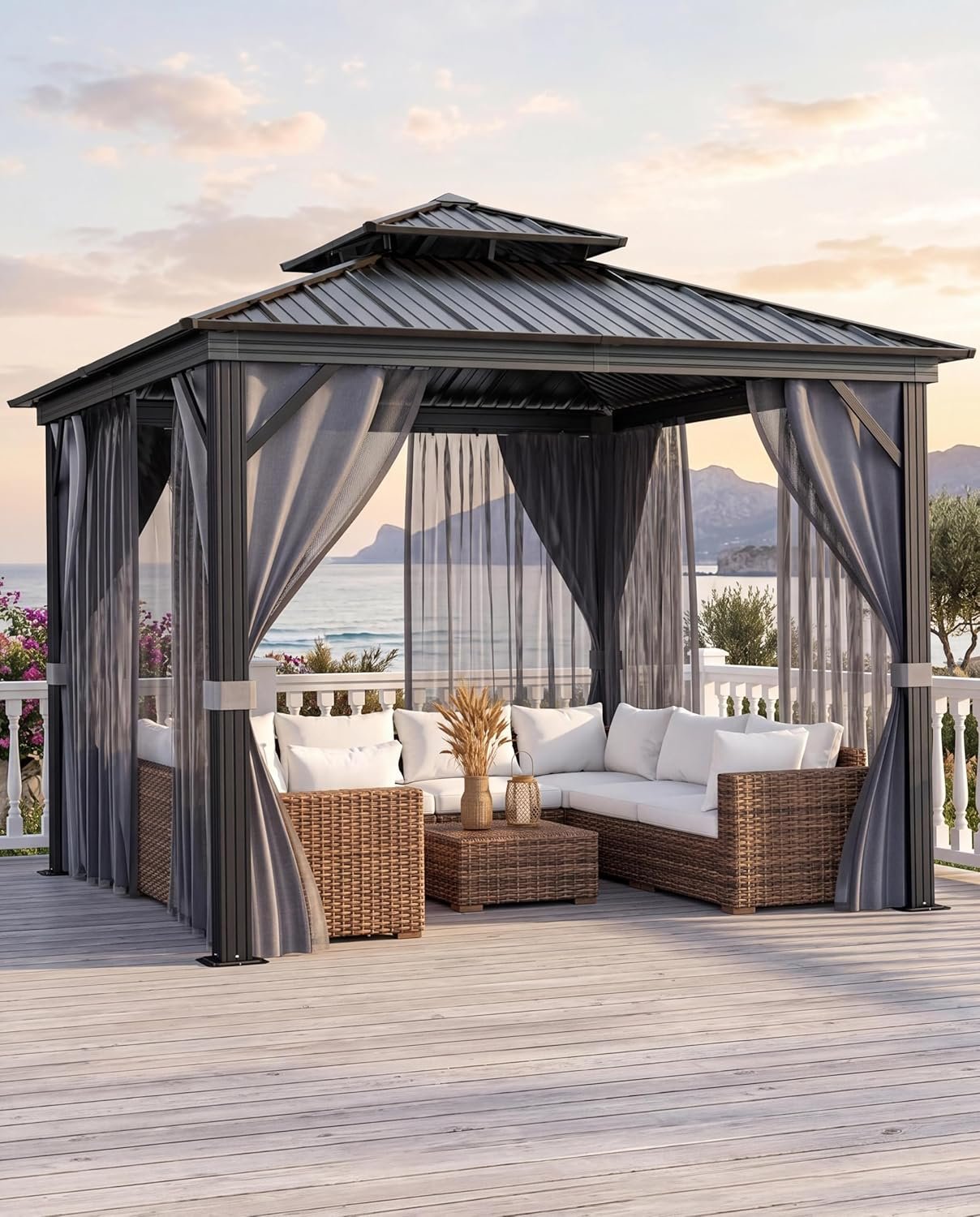 KYBOLT 10×10 Ft Hardtop Gazebos with Heavy Duty Double Roof, Nettings and Curtains Galvanized Steel Outdoor Gazebos for Patio, Backyard, Deck, Lawn