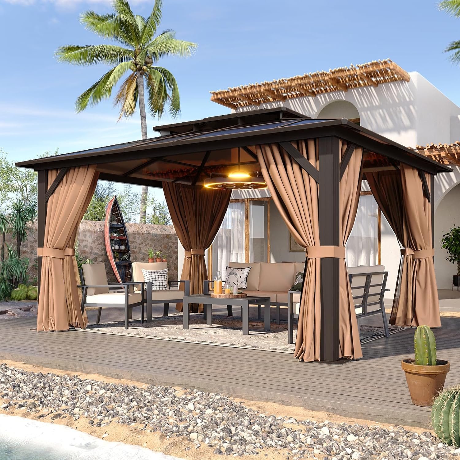 Aoxun 12’x10′ Hardtop Gazebo, Metal Frame Permanent Pavilion with Curtains and Netting, Outdoor Polycarbonate Double Roof Canopy, Designed for Garden, Lawns, Patio, Brown