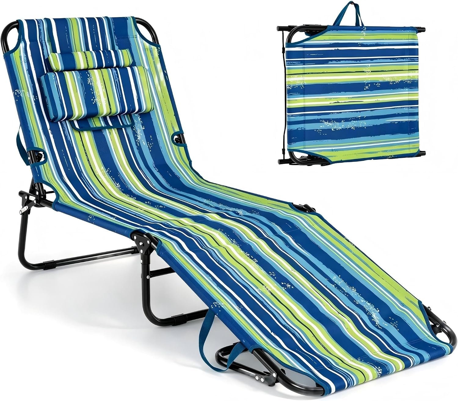 GYMAX Tanning Chair, 330lbs Beach Lounge Chair with Face Hole, Washable Pillow & Carry Strap, Adjustable Folding Chaise Lounge, Layout Chair for Outside, Patio, Poolside, Lawn (1, Stripe)