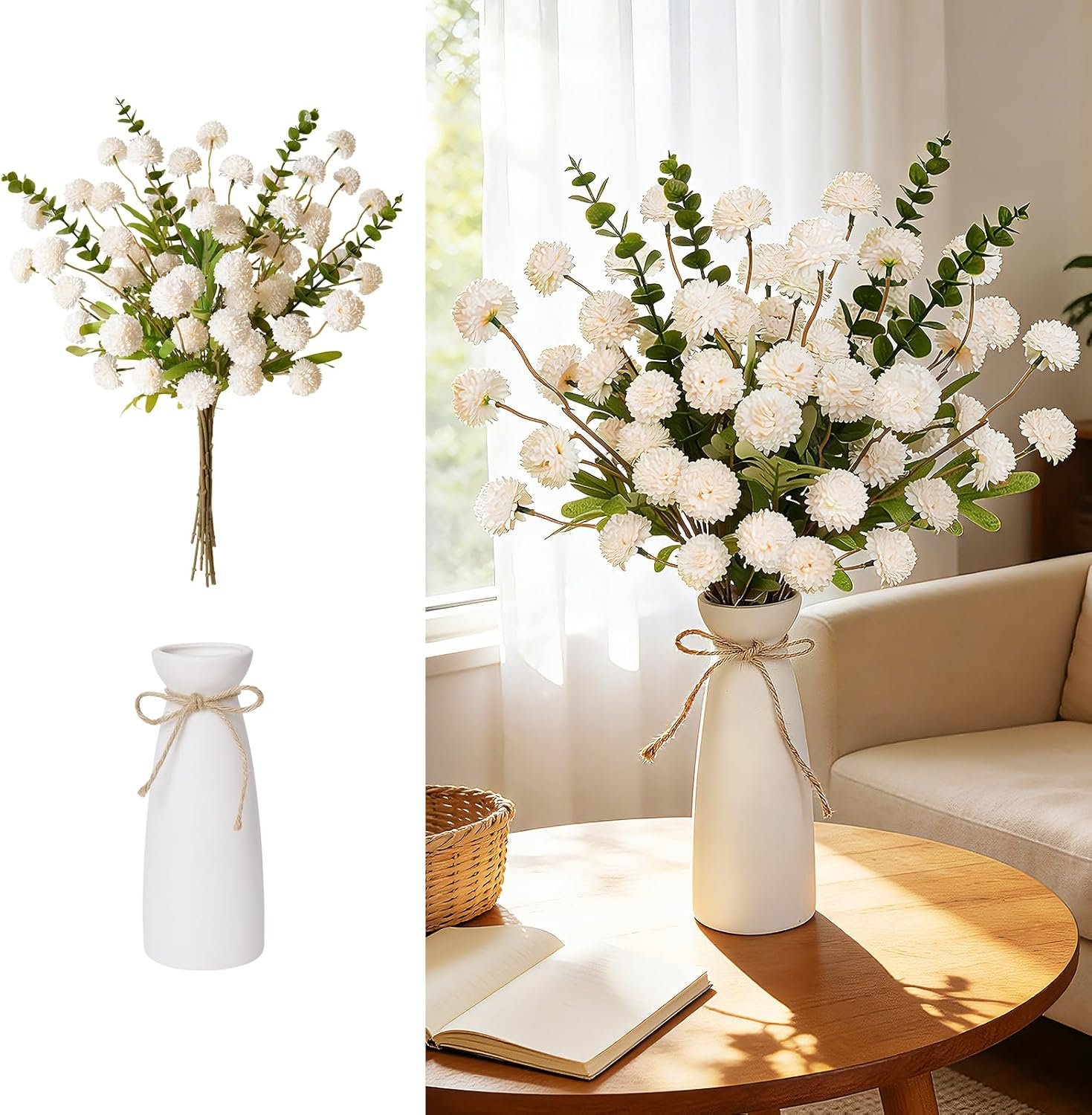 12pcs Champagne Artificial Flowers with White Ceramic Vase Included,Faux Flowers for Vase,Table Centerpieces for Dining Room Eucalyptus Faux Kiku Mums Silk Flowers Floral Arrangements Home Decor