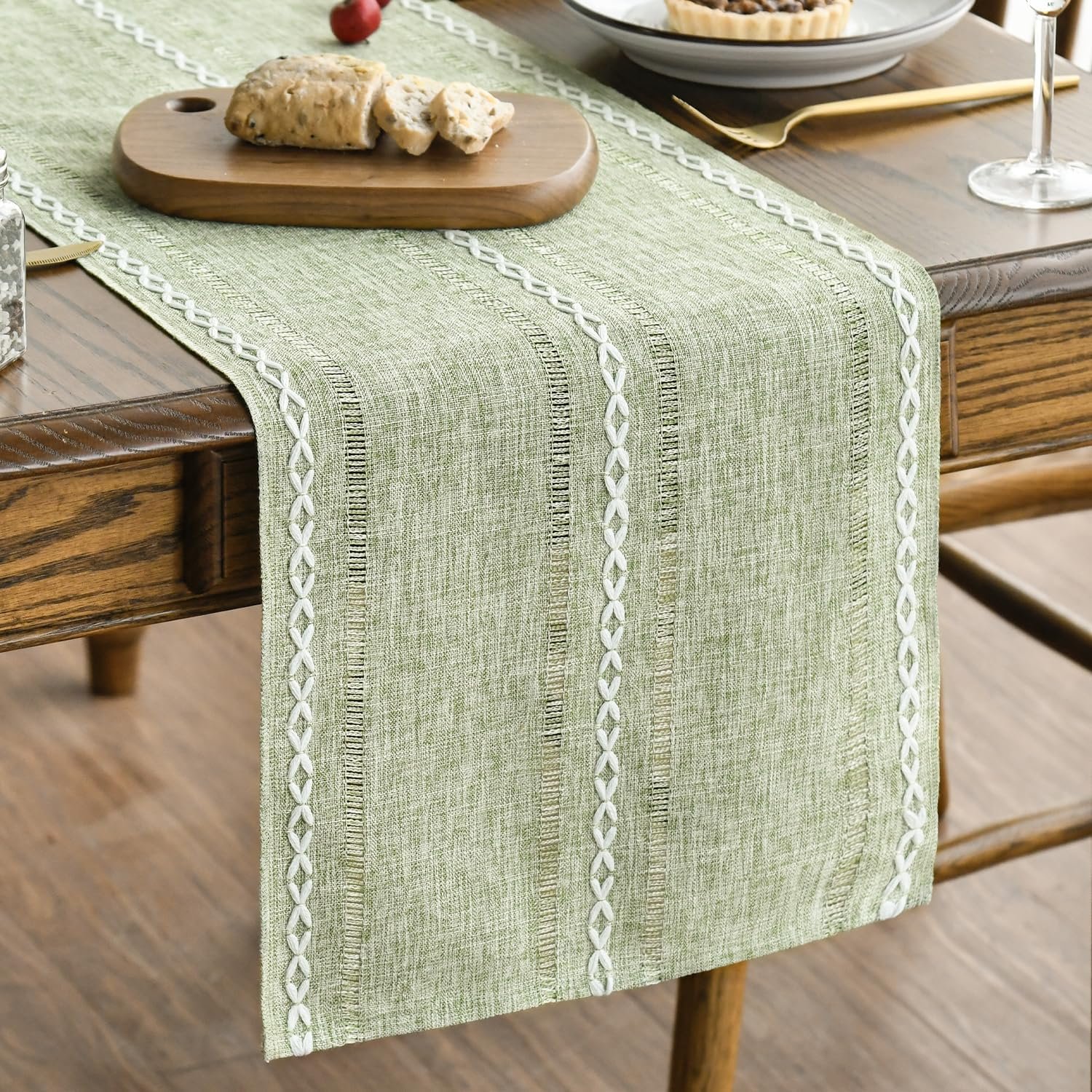 Artoid Mode Sage Green Rustic Cotton Linen Table Runner, Seasonal Embroidered Hollow Kitchen Dining Table Decoration for Home Party Decor 13×90 Inch