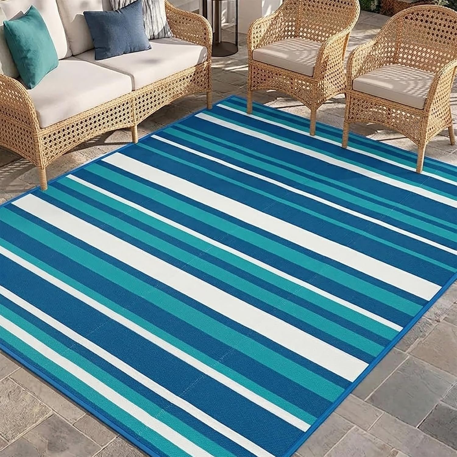 Outdoor Patio Rug Camping Essentials – 5×8 FT Outdoor Plastic Straw Rug for Patio Clearance, Waterproof RV Essentials Outside Area Rugs for Deck Garden, Backyard Patio Furniture Set, Blue