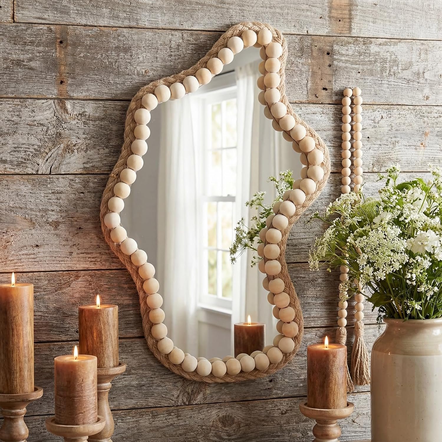 Boho Wall Decor Mirror 14″x9″ Irregular Wall Mirror Small Farmhouse Rustic Decorative Wooden Bead Hanging Mirrors for Bedroom Living Room Vanity Entryway Over Sink Modern Home Decor