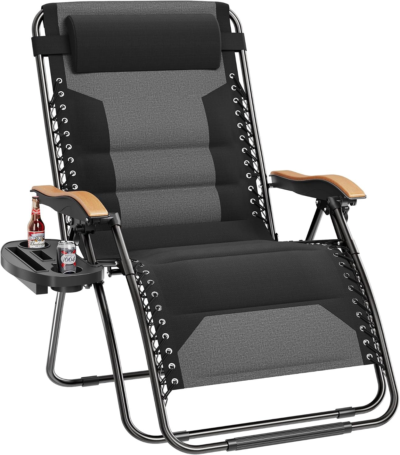PHI VILLA XXL Oversized Padded Zero Gravity Chair, 30″ Wide Seat Foldable Patio Recliner with Cup Holder, Support 400 LBS for Big and Tall, Outdoor Beach Yard Camping Lounger (Black)