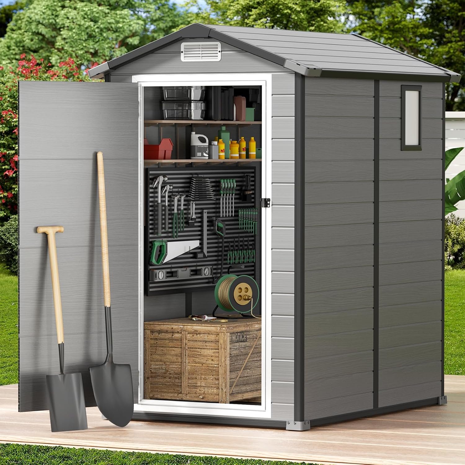 GVDV 4×6 FT Outdoor Storage Shed with Floor, Resin Plastic Utility Shed | Lockable garden shed, reinforced floor & wall girts, upgraded frame, all-weather storage, built-in window, tools & bikes