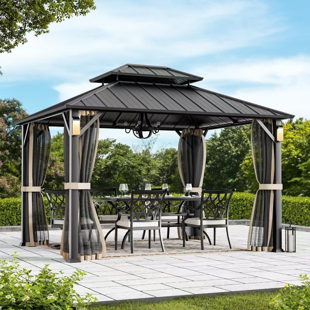 Modern Shade Hardtop Gazebo 10×12 with 4 LED Lights for Backyard, Black | Hard Top Gazebo with Galvanized Steel Double Roof, All-Weather Metal Gazebo with Sturdy Hooks, Mosquito Net for Patio, Garden