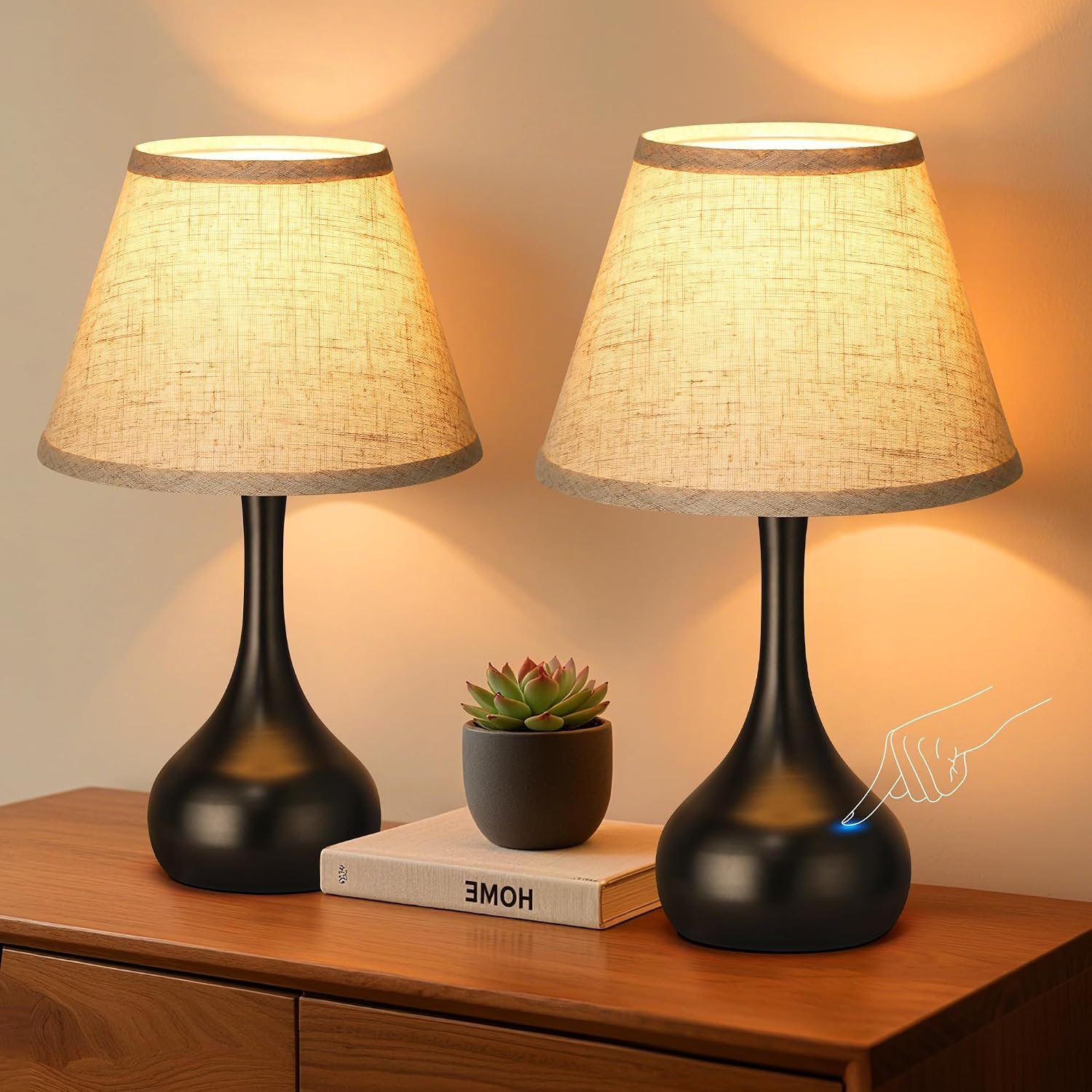 Touch Table Lamp for Bedroom Set of 2, 3-Way Dimmable Bedside Lamp for Nightstand, 17” Farmhouse Metal Desk Lamp with Linen Shade for Living Room, Kids Reading, Dorm, Home Office Decor, Bulb Included