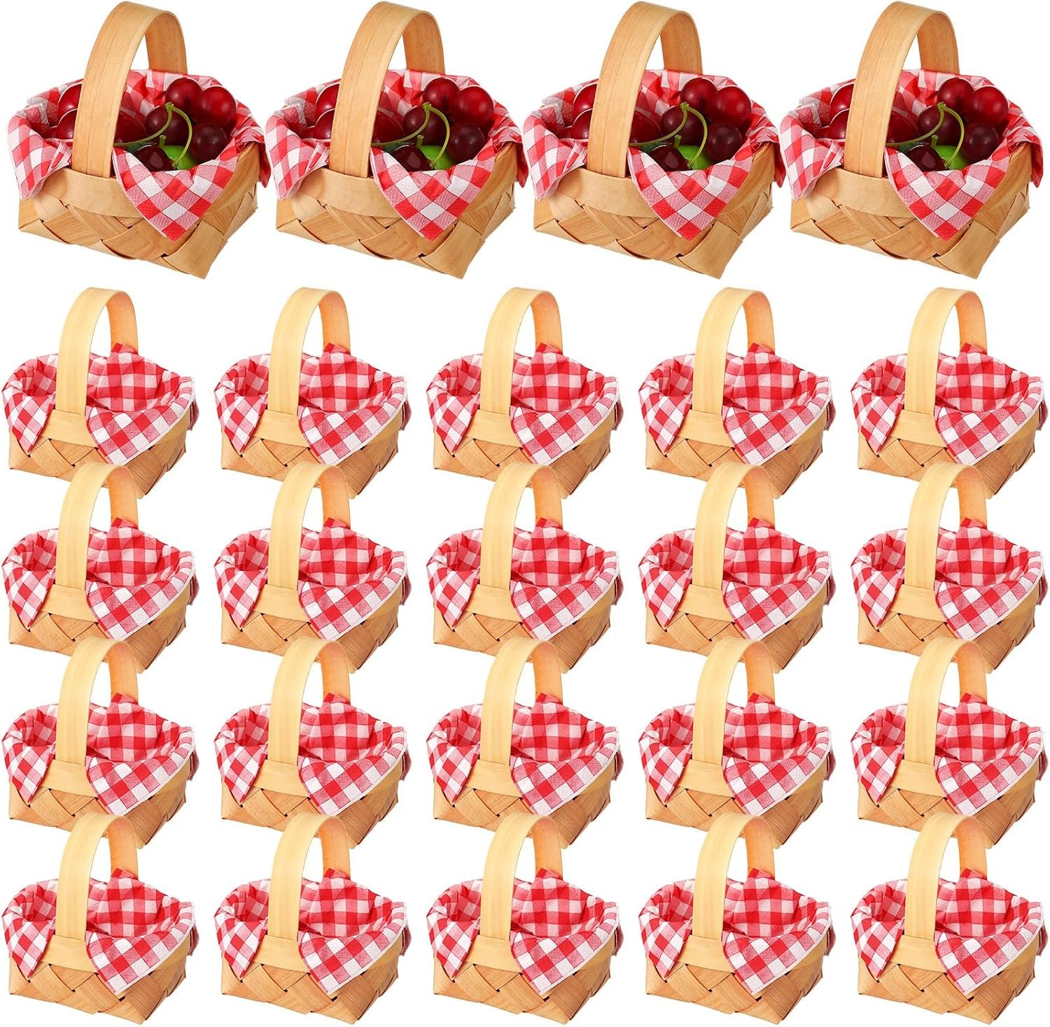 Geelin 24 Pcs Summer Mini Woven Picnic Basket Party Favor Red White Gingham Paper Napkins Wood Chip Mini Flower Fruit Picnic Basket Chip for Summer Wedding Party Baby Shower Decoration (Medium)