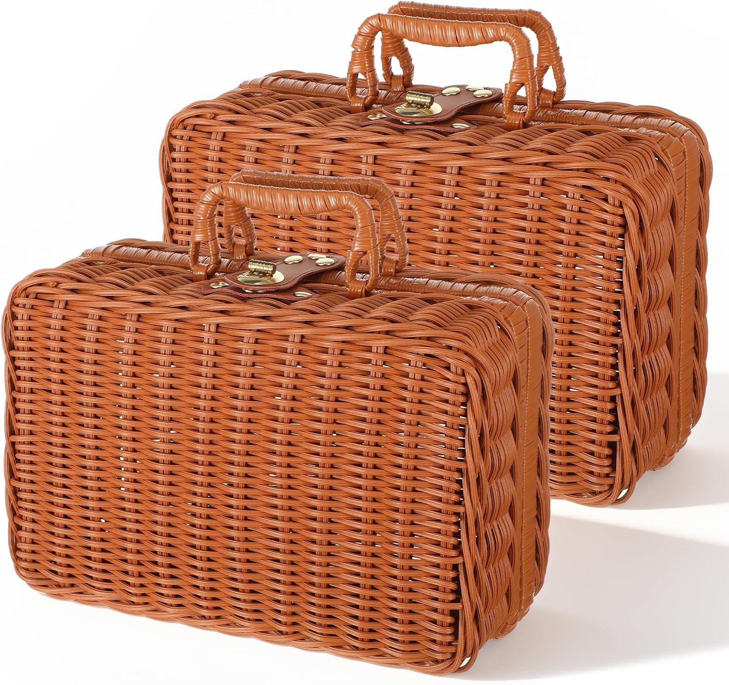 2-Pack Wicker Picnic Basket Set, Vintage Suitcase Style Plastic Rattan Storage Box with Leather Straps, 10.2×6.7×4.3 Inch Rustic Decorative Hamper for Makeup Organizer, Travel, Camping, Gift