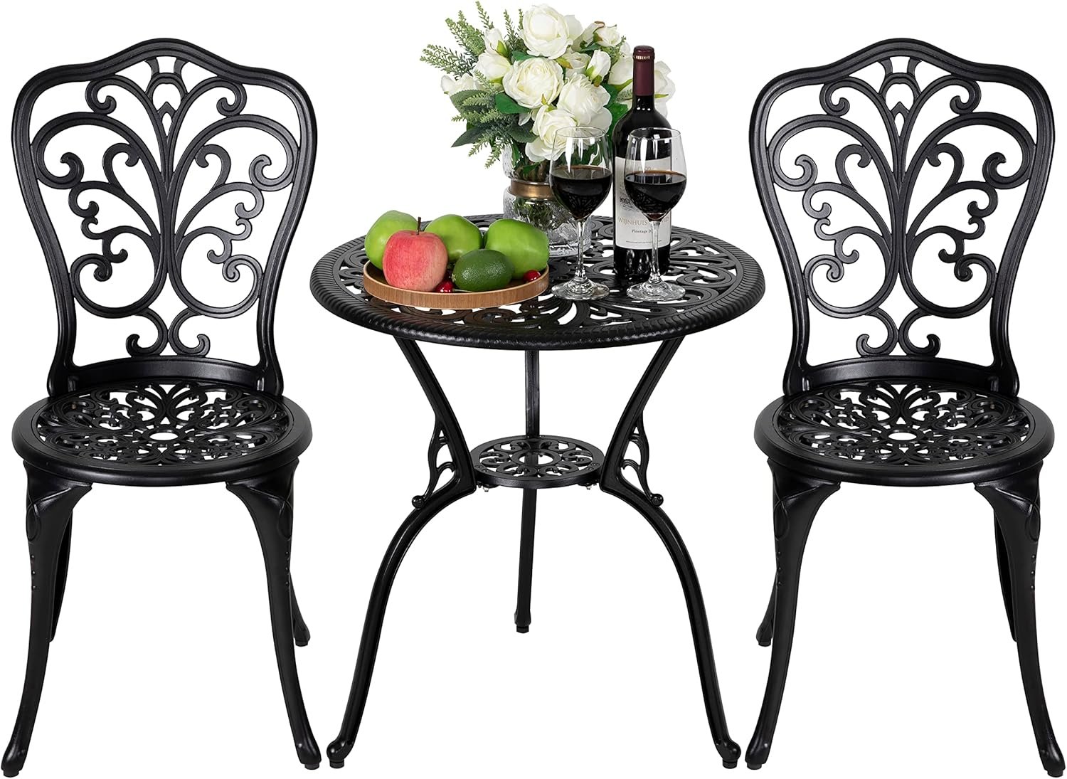 NUU GARDEN 3 Piece Bistro Set Outdoor, All Weather Cast Aluminum Patio Bistro Sets Patio Table and Chairs Set of 2 with Umbrella Hole for Yard and Balcony, Black, Butterfly Backrest