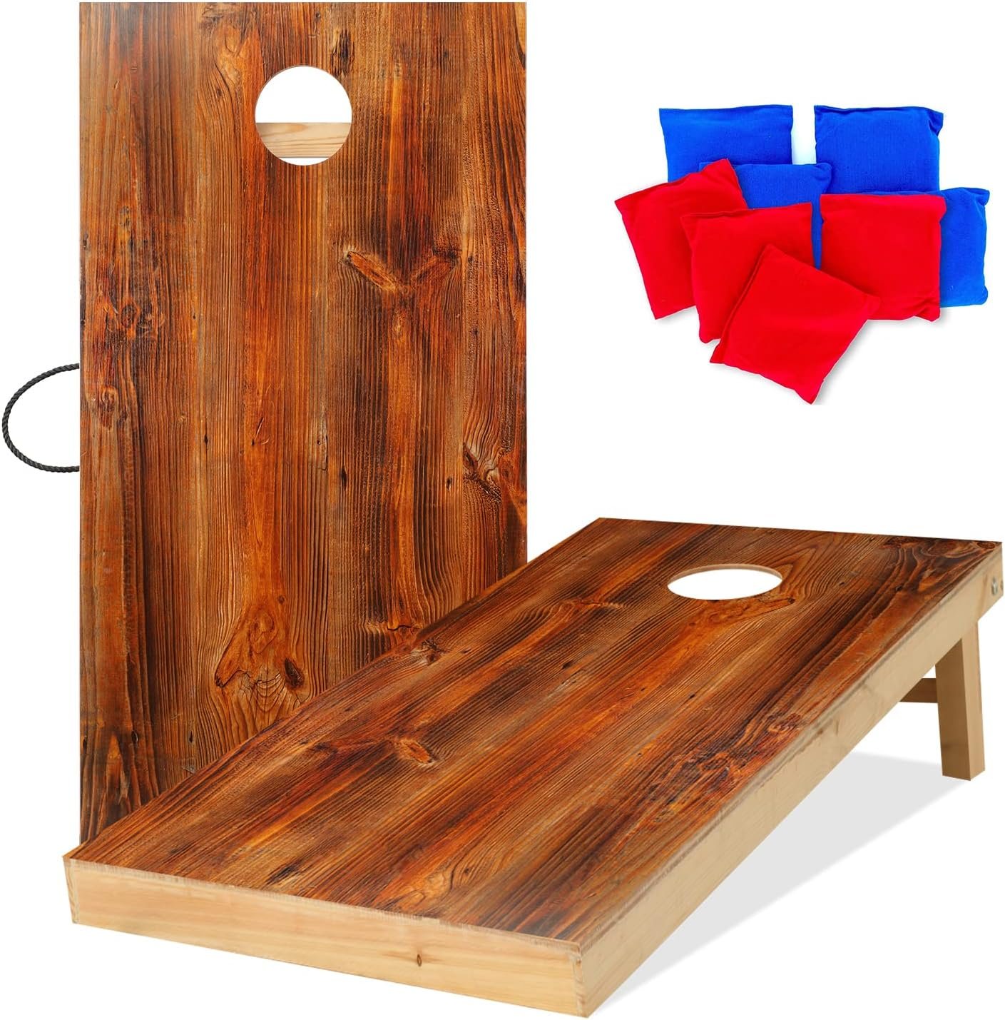 UKASE Solid Wood Regulation Size Cornhole Set Portable Bean Bags Toss Game with Durable Wood Grain Printed Surface and Underneath for Indoor and Outdoor