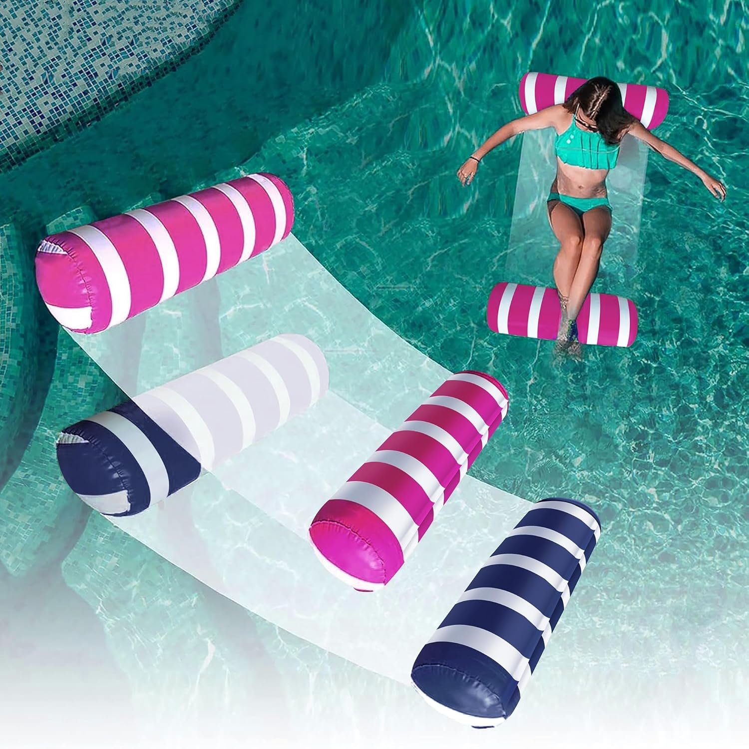 2-Pack Swimming Pool Float Hammock, Multi-Purpose Inflatable Hammock Pool Hammock (Saddle, Lounge Chair, Hammock, Drifter), Water Hammock Lounge