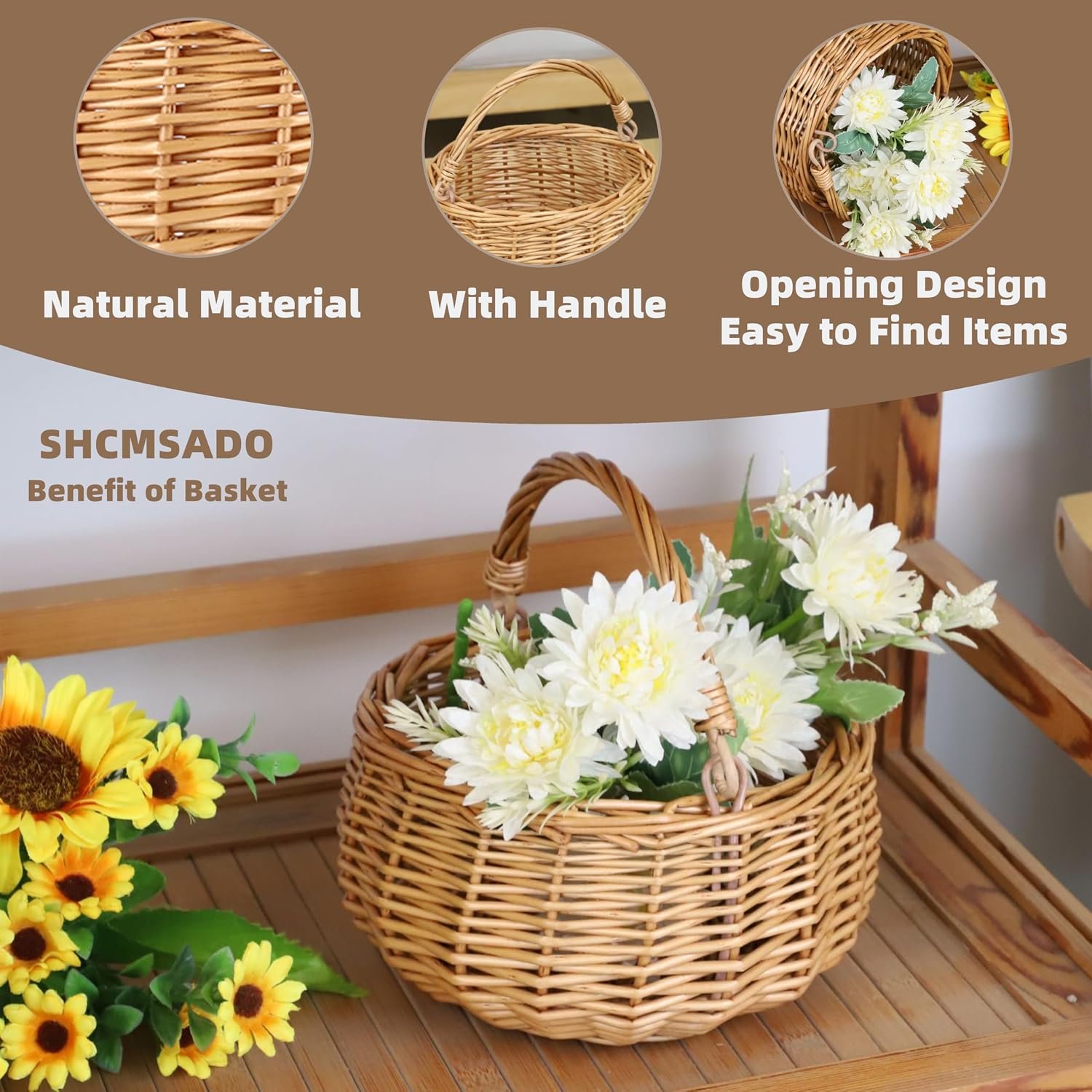 Small Gift Wicker Picnic Basket with Handle,Willow Flower Girl Basket for Weddings，Garden and Home Decor -Wicker Storage Basket-Natural