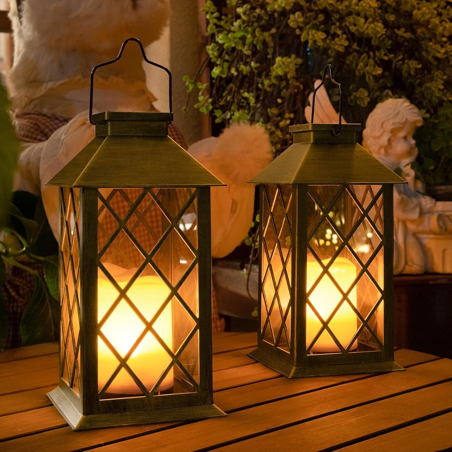 TAKE ME 14″ Solar Lanterns Outdoor Waterproof Garden Lanterns Flameless Candle Mission Lights for Table,Outdoor,Party Mothers Day Gifts ( 2 Packs Brush-Painted Antique Gold Color)
