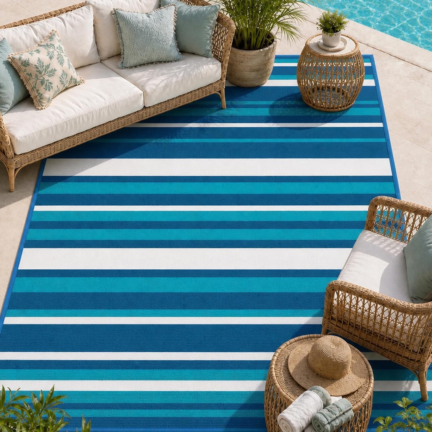 Outdoor Rug Camping Essentials – 4×6 FT Outdoor Plastic Straw Rug for Patio Clearance, Waterproof RV Essentials Outside Area Rug for Deck Garden, Backyard Patio Furniture Set, Blue White