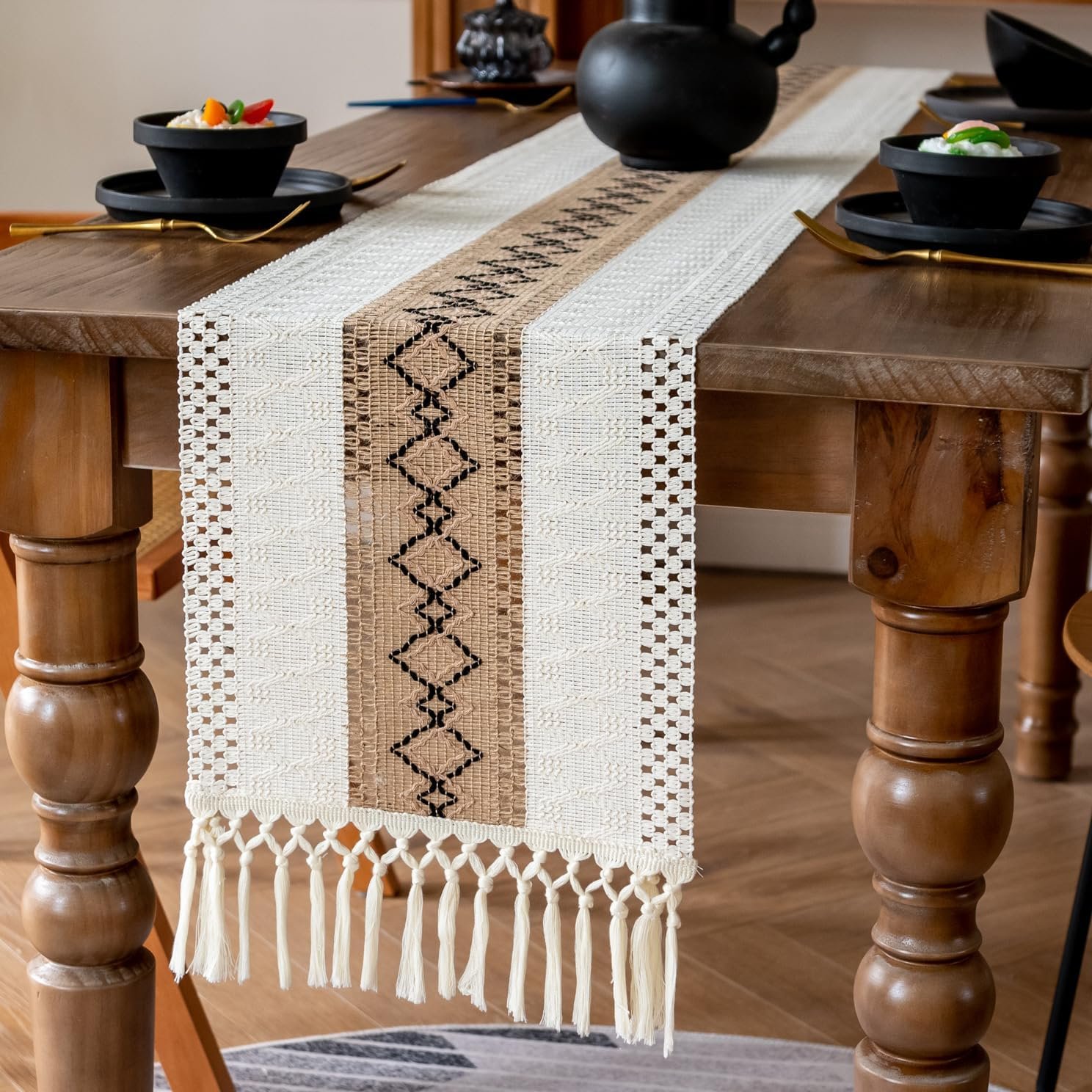 EMMTEEY Macrame Table Runner Boho Style 72 Inches Long, White Brown | Handmade, Scratch & Heat Resistant, Wrinkle Free, Hexagonal Grid, Cotton Linen, for Home Party Decor/Bedroom/Dining Table