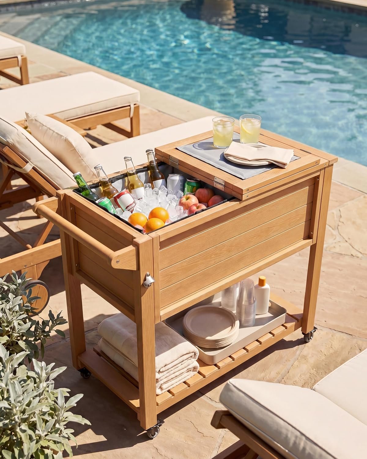 100 Qt Rolling Cooler Cart on Wheels, Faux Wood Patio Cooler, Teak | Removable insulated liner, fits 120 cans with ice, 24-hr cooling, dual folding lid tabletop, drain plug, bottle opener