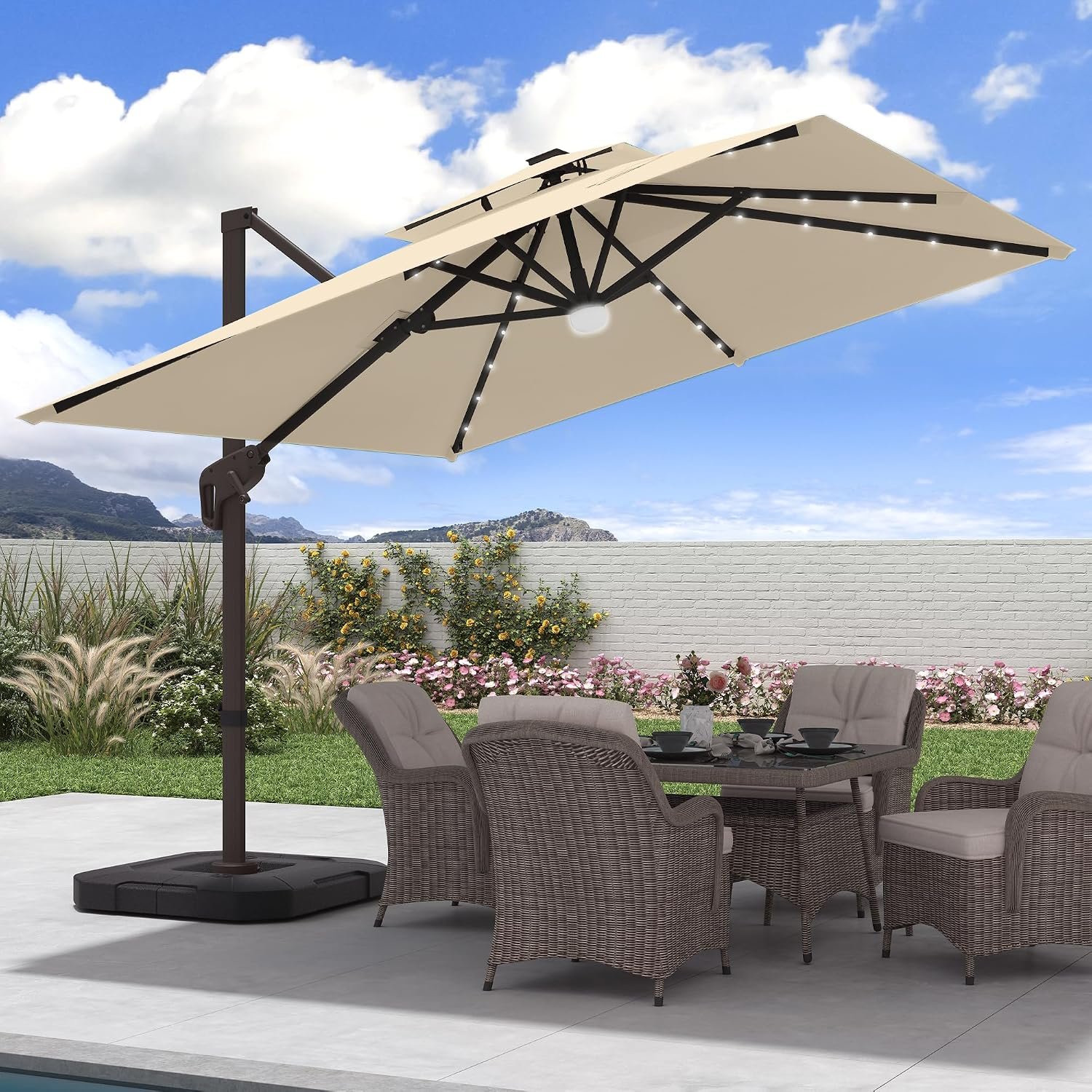JZAC & QZYD 9×9 FT Outdoor Cantilever Patio Umbrella with Base & Solar LED | Large Square Umbrella,Weighted Base Included,2-Tier Canopy, Aluminum Frame, 360° Rotation for Pool Deck & Backyard,Beige
