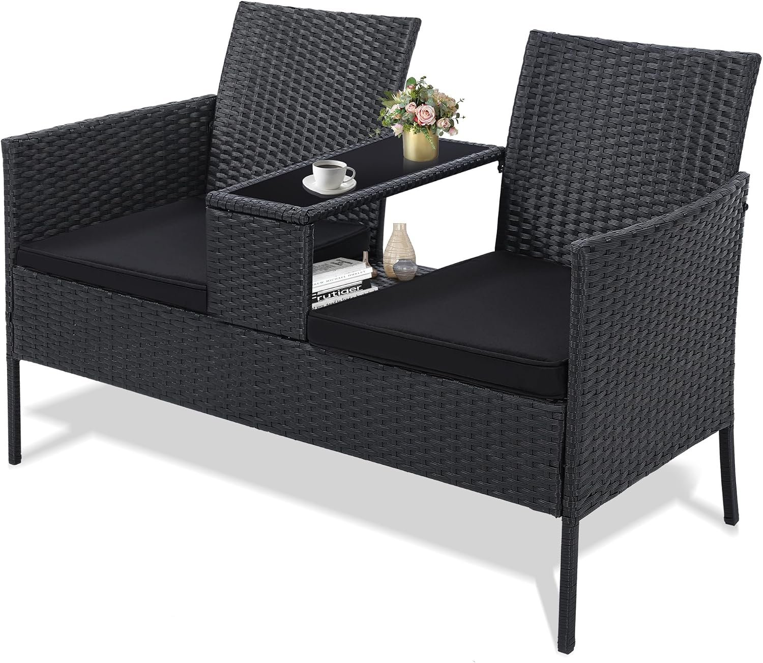 Kromax Wicker 2 Seat Patio Loveseat, Outdoor Rattan Loveseat with Table | Washable Cushion Covers, Backyard, Garden, Lawn