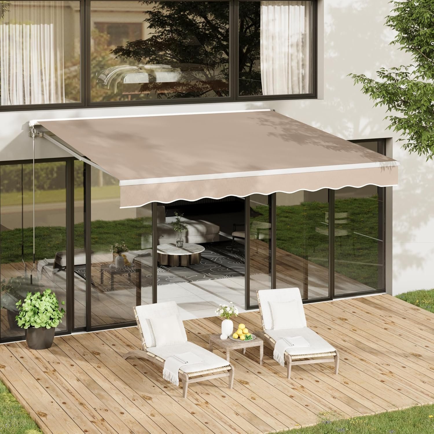 AECOJOY 8.2’×6.5′ Patio Awning Retractable Sun Shade Awning Cover Outdoor Patio Canopy Sunsetter Deck Awnings with Manual Crank Handle, Beige