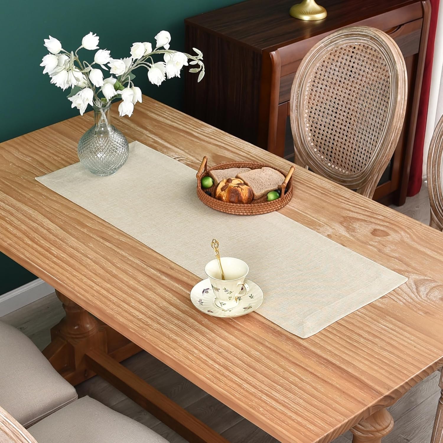 NEWISHER Farmhouse Rustic Table Runner Solid Beige Rectangular Table Runners Faux Linen Table Runner for Everyday Use Kitchen Dining Party Table 13×36 Inch