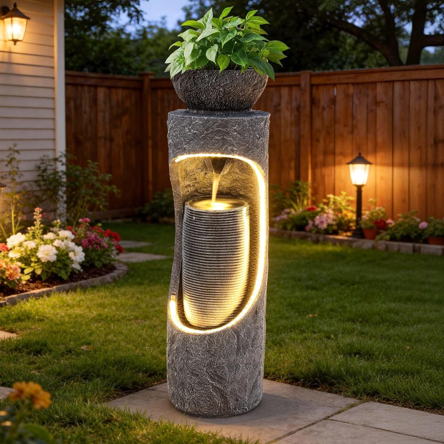40″ Innovative LED Strip Outdoor Water Fountain with Birdfeeder | Unique Dual-Layer Structure Garden Fountain with Soothing Waterfall Foutain for Patio Backyard Garden or Porch Decor