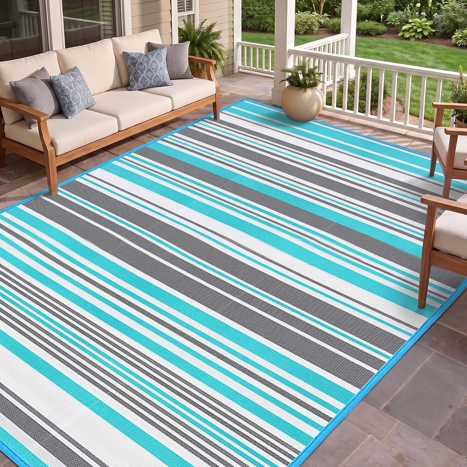 Outdoor Rug 4×6 ft, Waterproof Portable Plastic Straw Mat for Camping | 100% polypropylene, UV-stabilized, waterproof, heat-sealed edges. Striped design. Perfect for RV, patio, deck, pool, beach.